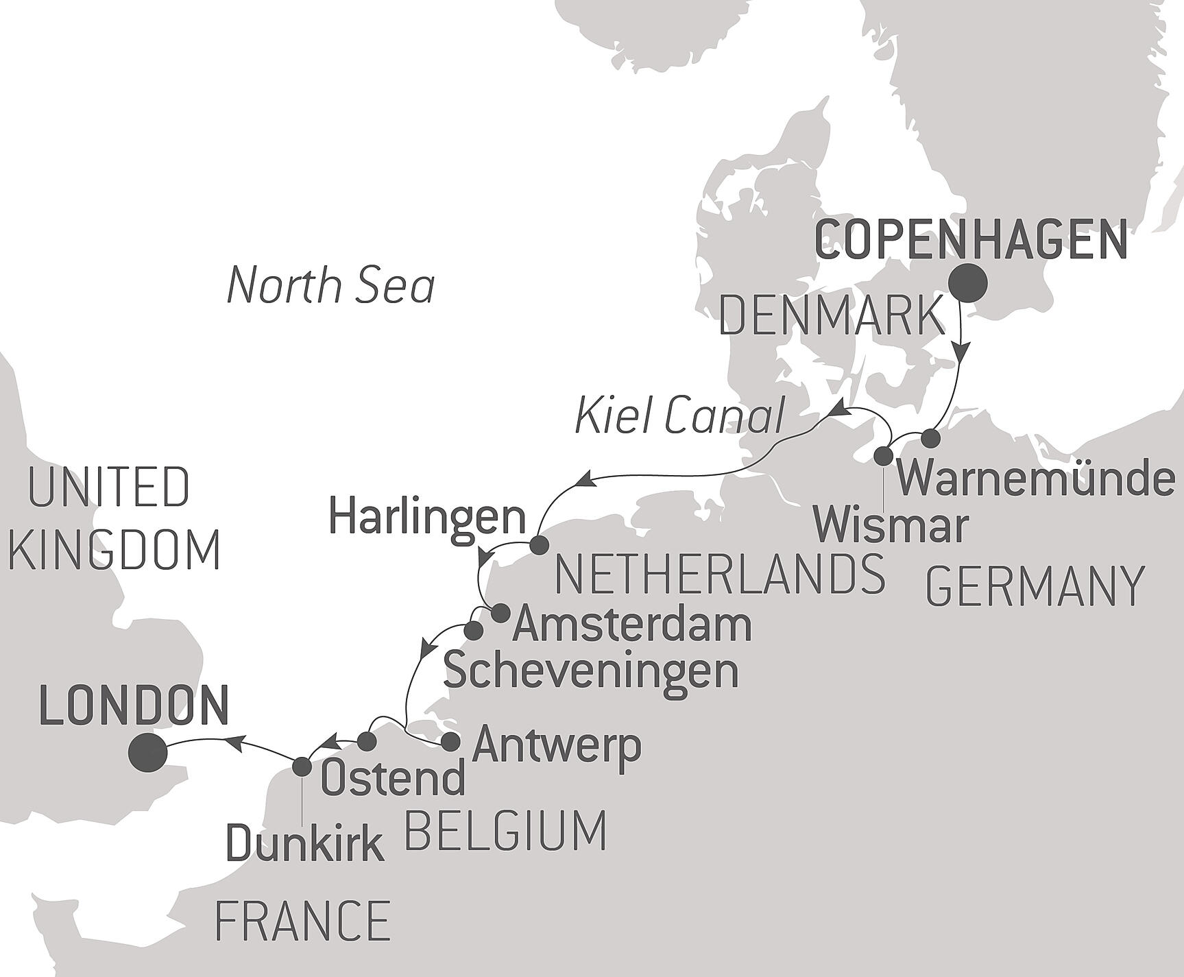 Official PONANT route map for A World Affairs Voyage from Copenhagen to London aboard Le Champlain, Voyage EC260826