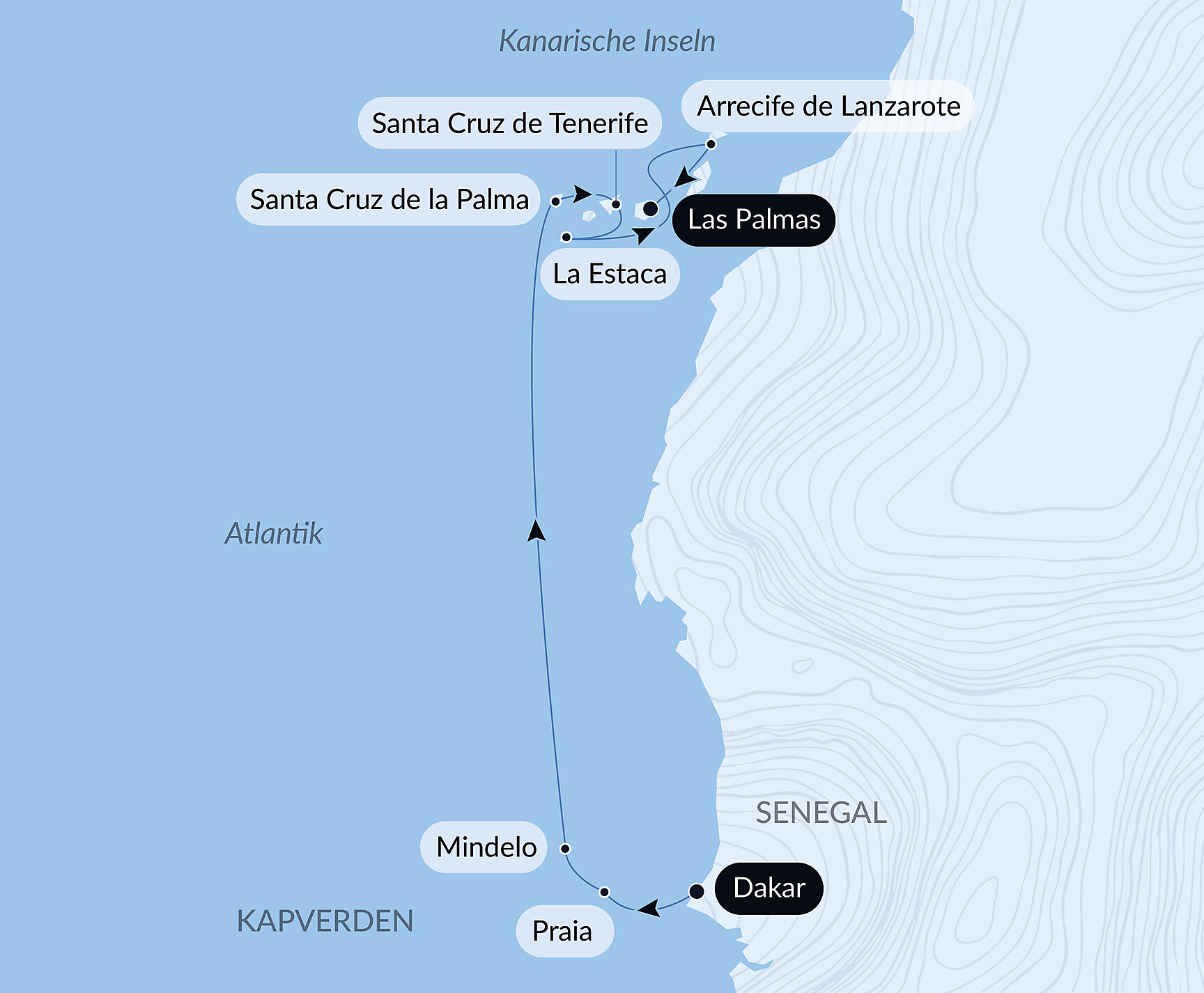Official PONANT route map for Volcanic landscapes from Cape Verde to Canary Islands aboard Le Dumont d'Urville, Voyage EU150327