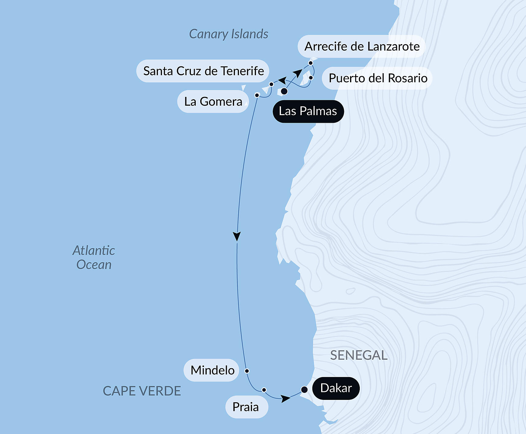Official PONANT route map for Volcanic landscapes from Canary Islands to Cape Verde aboard Le Champlain, Voyage EC031226