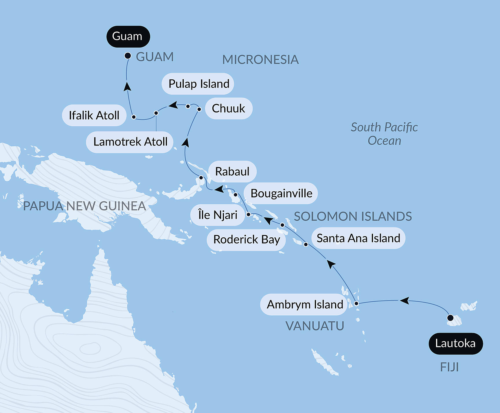 Official PONANT route map for From Fiji to Micronesia aboard Le Jacques Cartier, Voyage EX200227