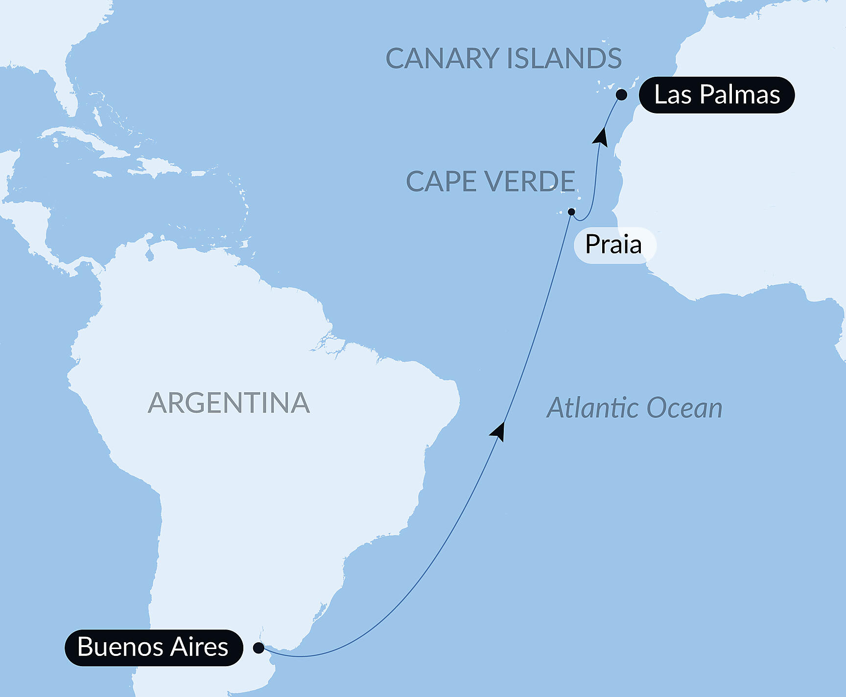 Official PONANT route map for Ocean Voyage: Buenos Aires - Las Palmas de Gran Canaria aboard Le Boréal, Voyage BO220327