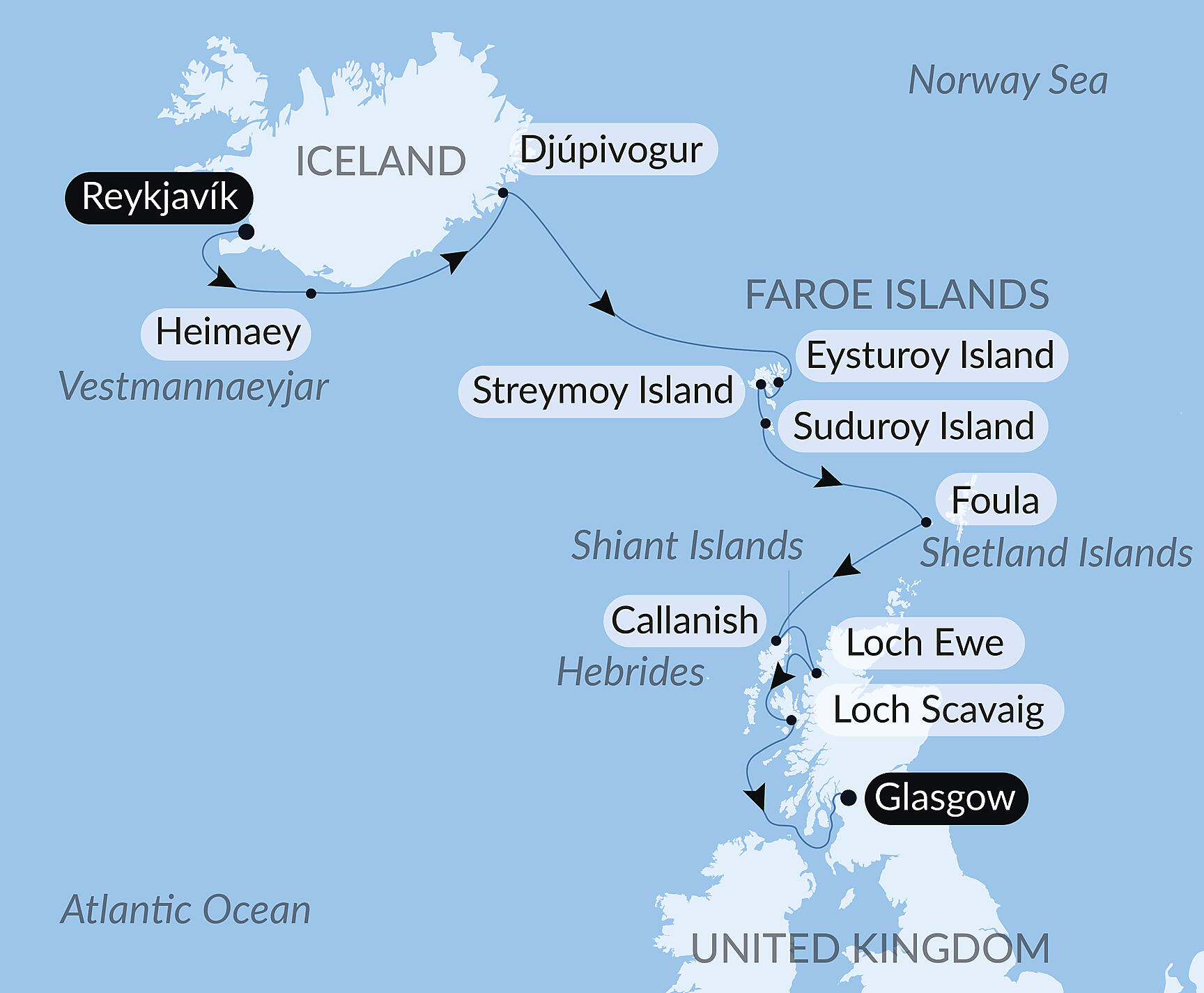 Official PONANT route map for The wild archipelagos of the North Atlantic aboard L'Austral, Voyage AU180627