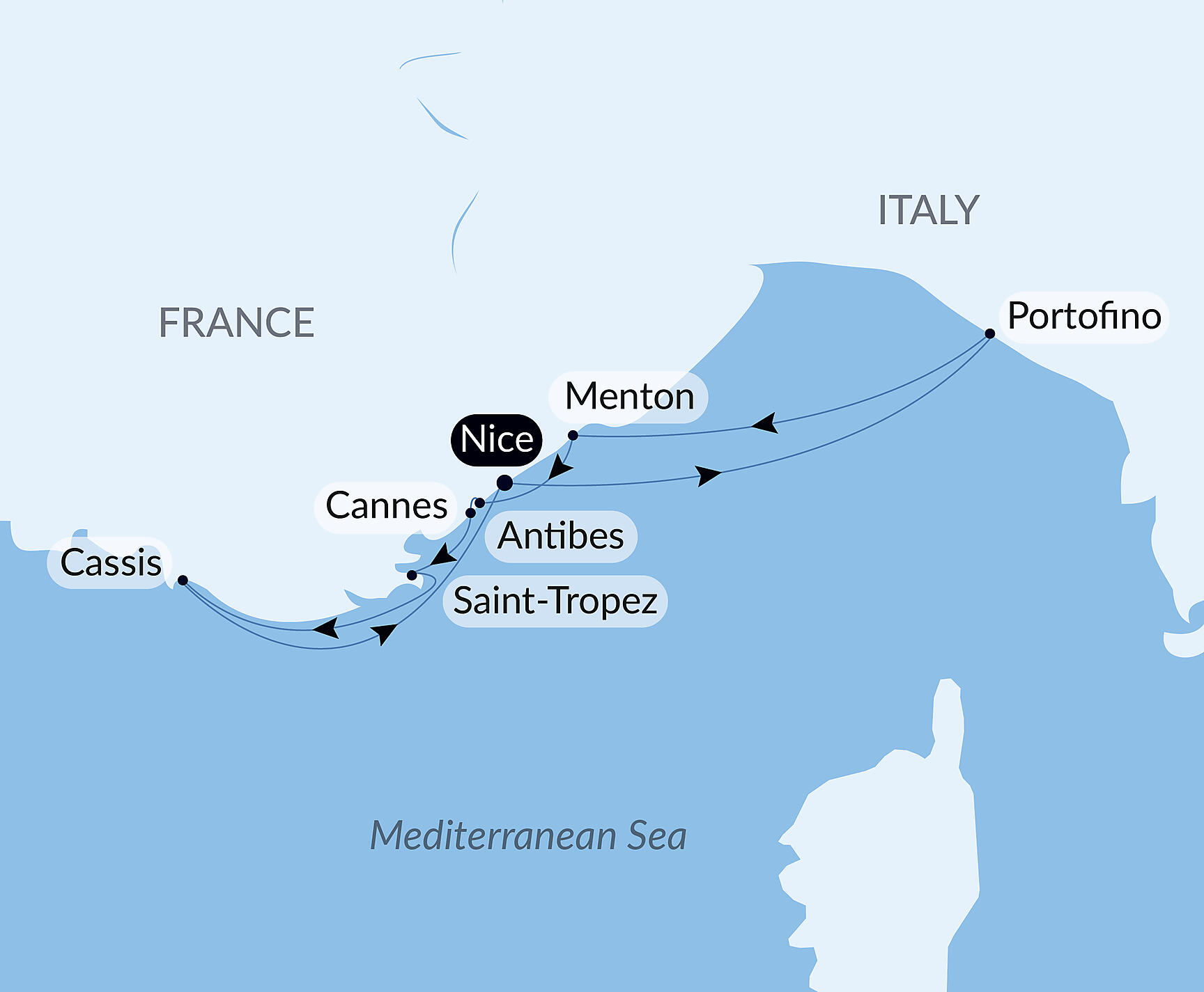 Official PONANT route map for The French Riviera Under Le Ponant’s Sails aboard Le Ponant, Voyage PO180527