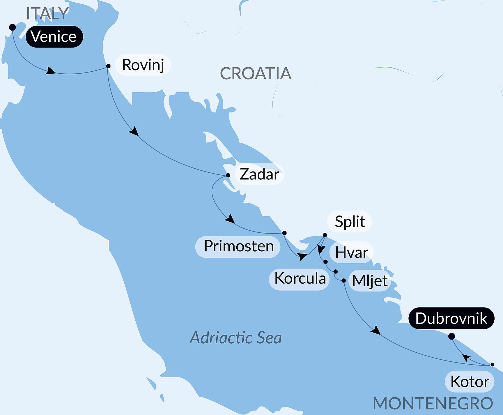 Official PONANT route map for Natural wonders and cultural jewels of Dalmatia aboard Le Bougainville, Voyage EG060826
