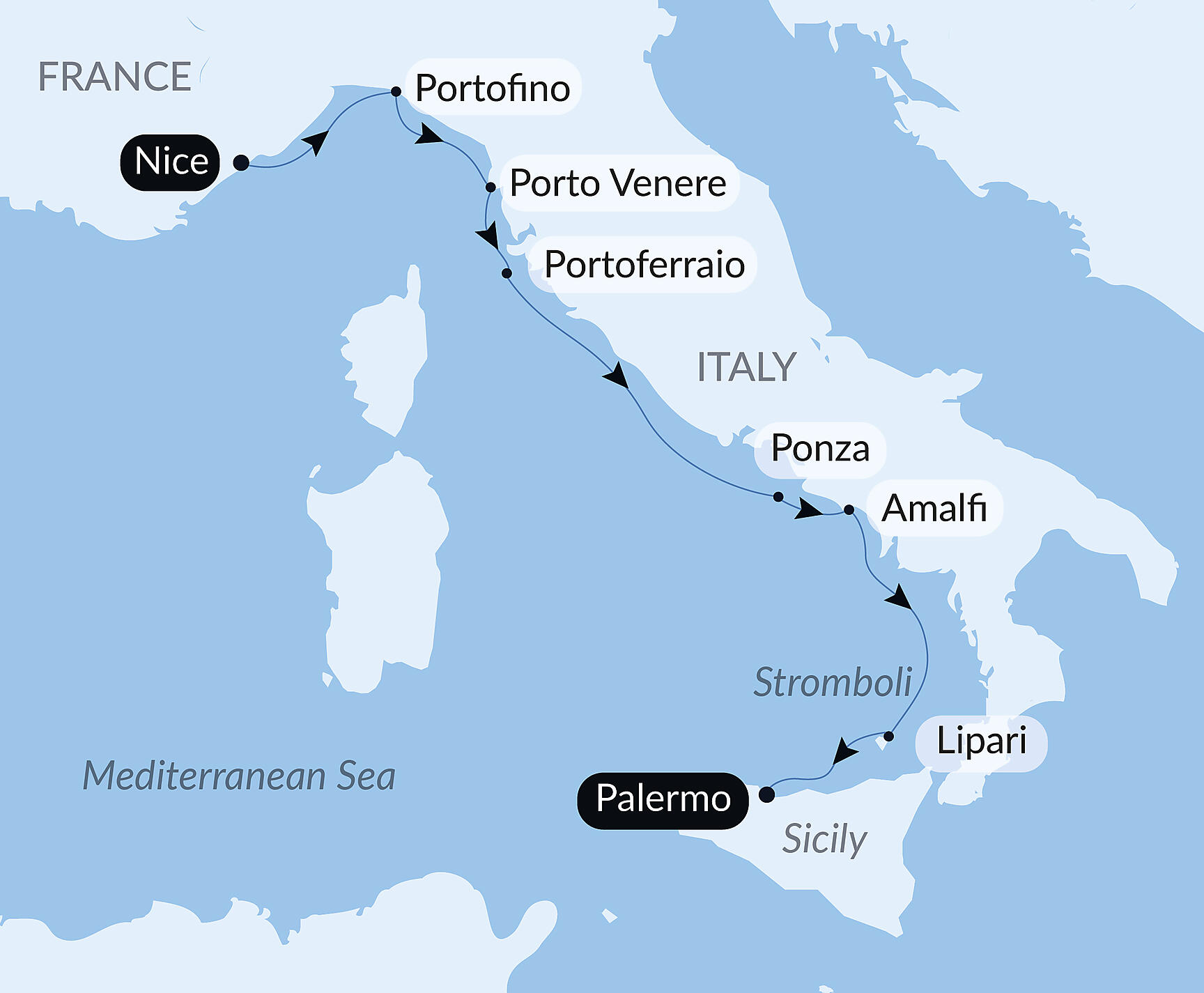 Official PONANT route map for Under Sail from the Riviera to Sicily aboard Le Ponant, Voyage PO010627