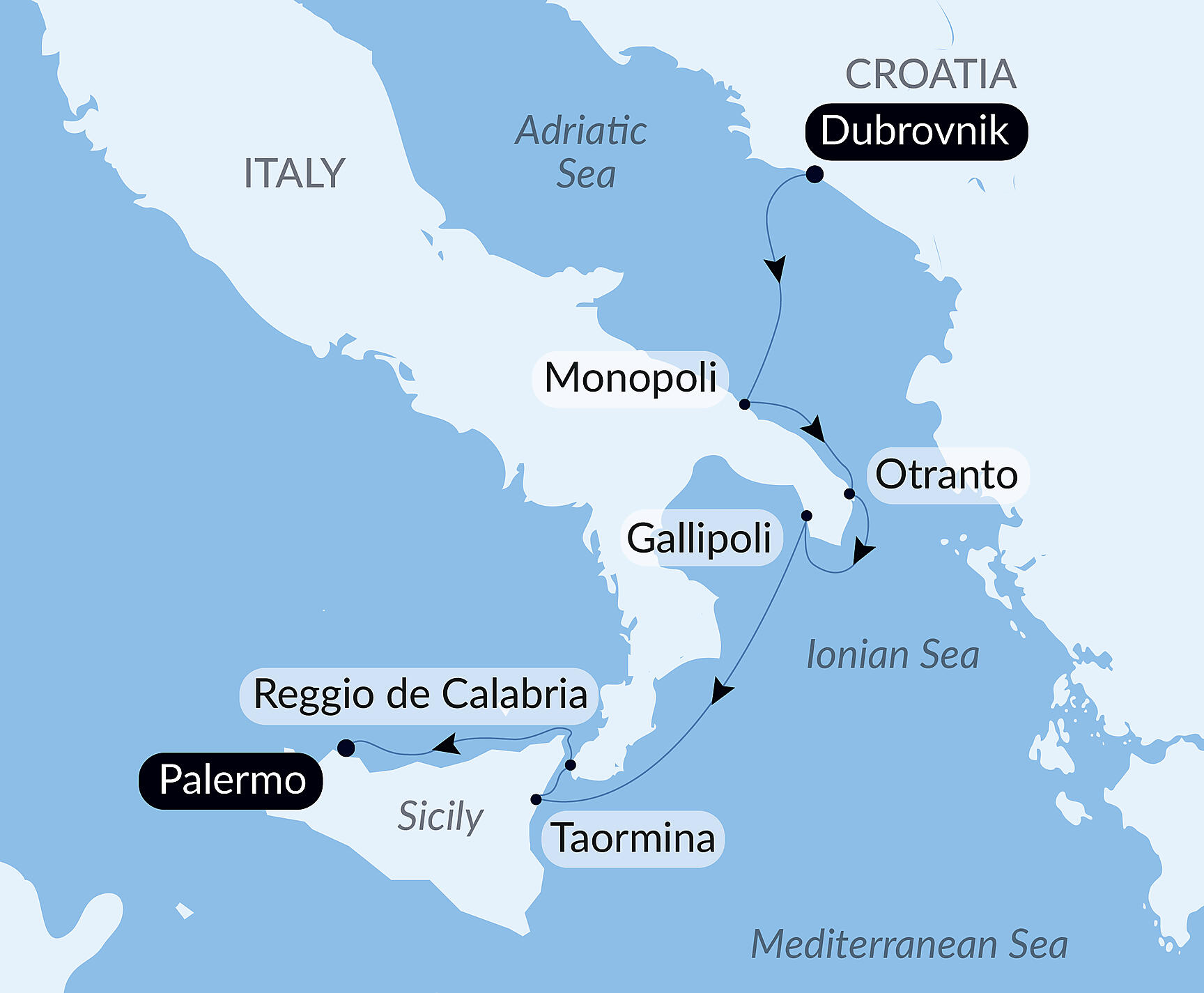 Official PONANT route map for Under Sail from Puglia to Sicily aboard Le Ponant, Voyage PO170827