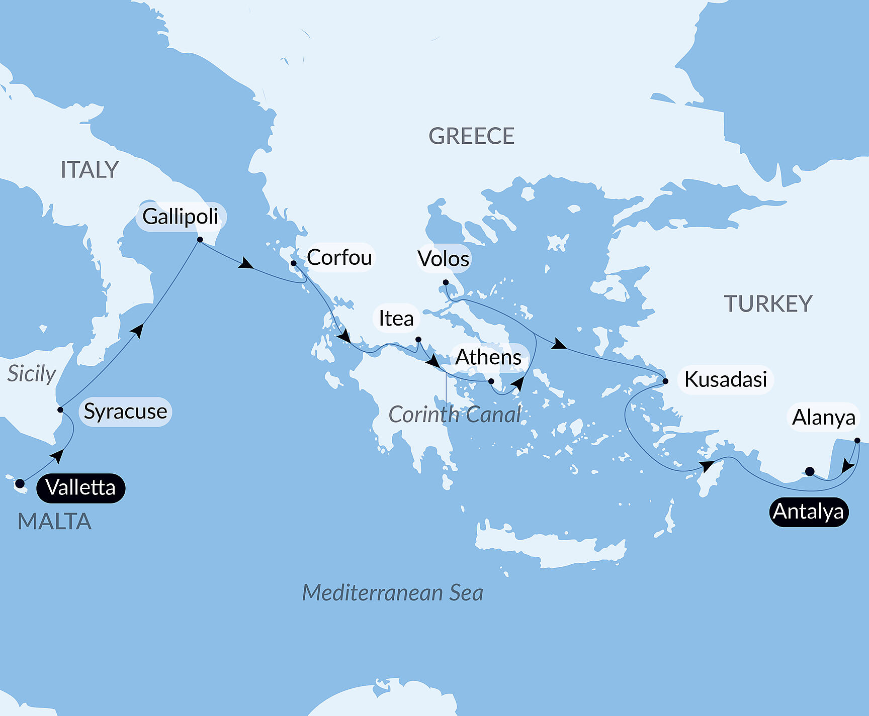 Official PONANT route map for The Mediterranean: in the Footsteps of Great Civilisations aboard Le Dumont d'Urville, Voyage EU130427