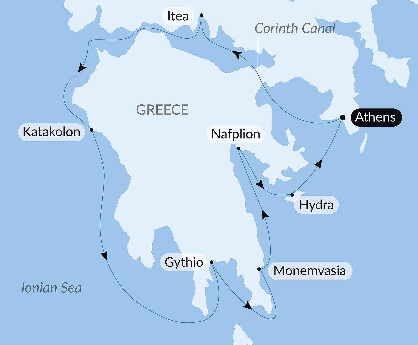 Official PONANT route map for Landscapes and Historic Sites of the Peloponnese aboard Le Dumont d'Urville, Voyage EU071027