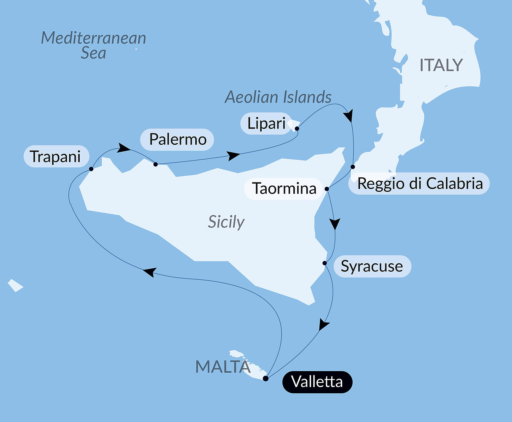 Official PONANT route map for Authentic Mediterranean Shores aboard Le Bougainville, Voyage EG080427