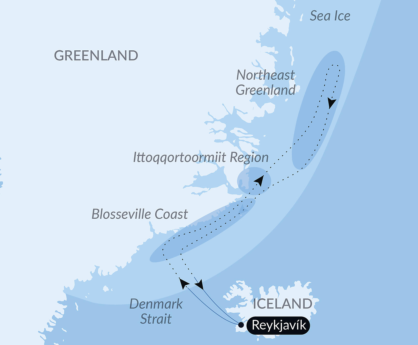 Official PONANT route map for Northeast Greenland's unexplored sea ice aboard Le Commandant Charcot, Voyage CC250527