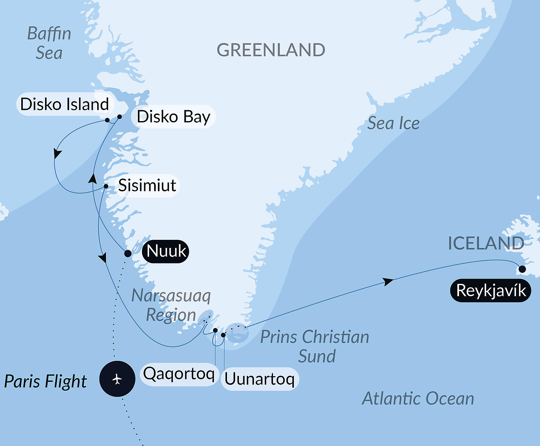 Official PONANT route map for Disko Bay: Meeting the Inuit & Discovering the Unknown aboard Le Commandant Charcot, Voyage CC280427