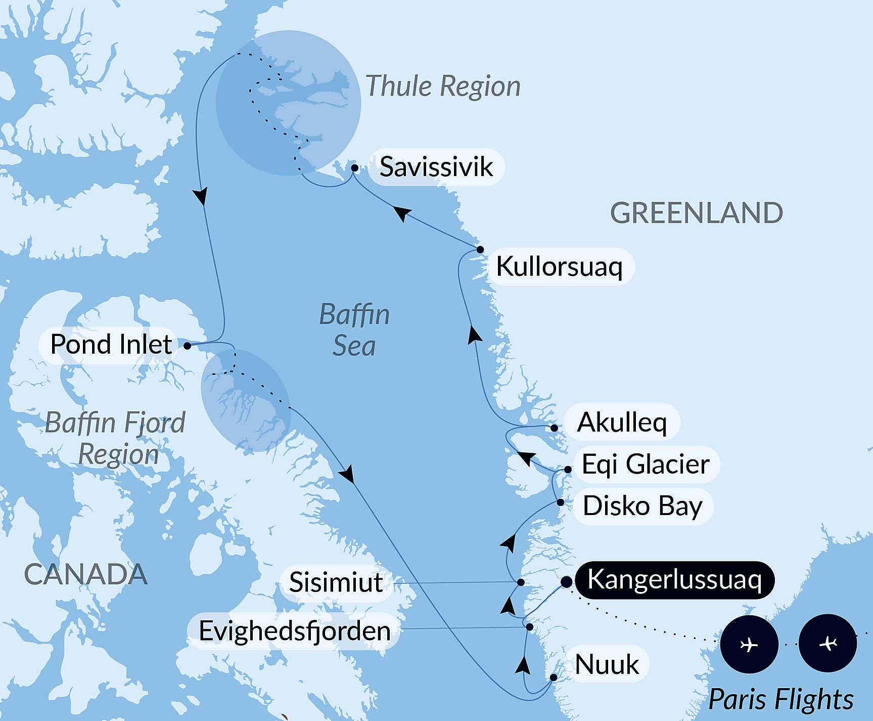 Official PONANT route map for Expedition to the Thule Region aboard L'Austral, Voyage AU120827