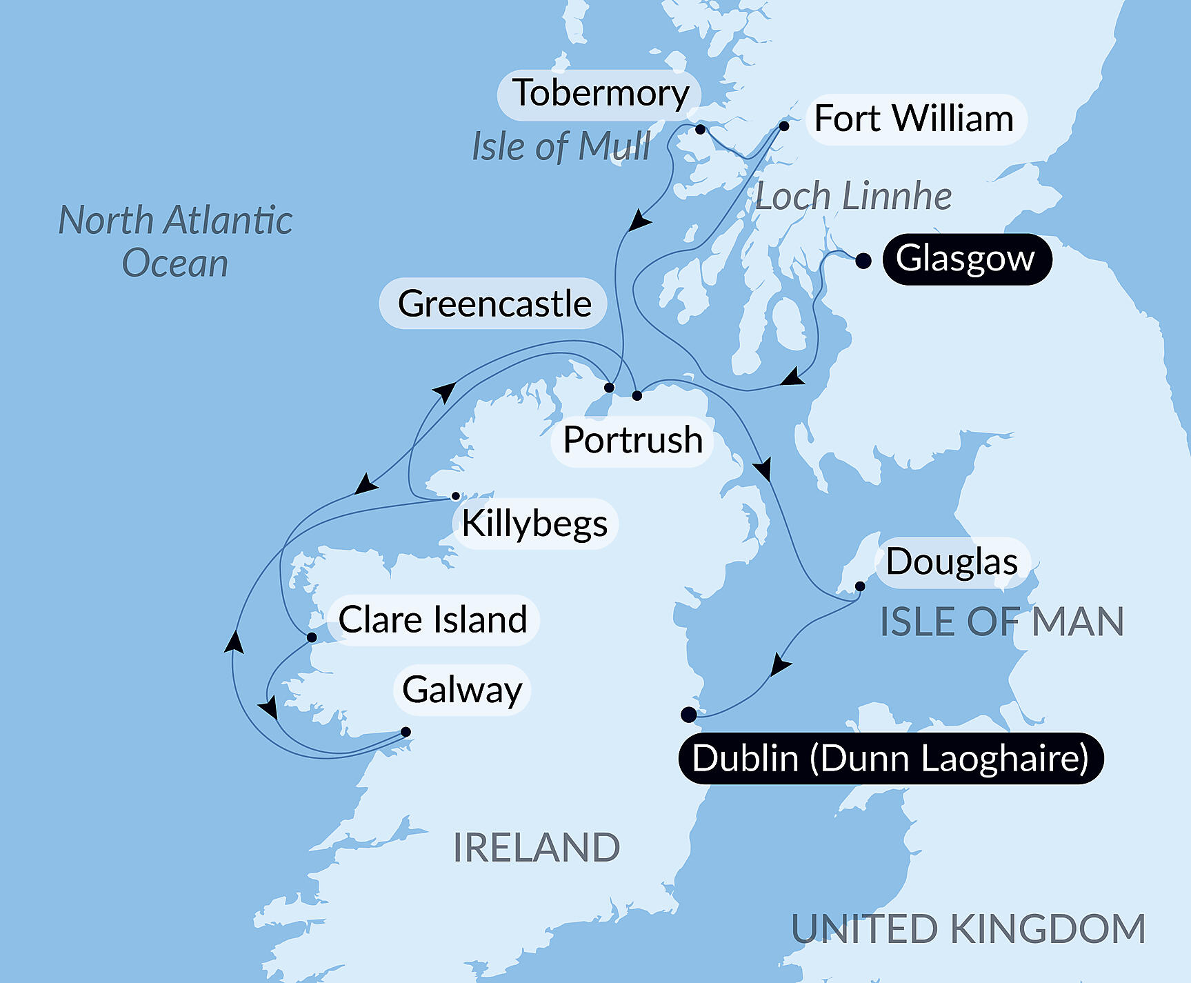 Official PONANT route map for Celtic panoramas aboard Le Lyrial, Voyage LY120527