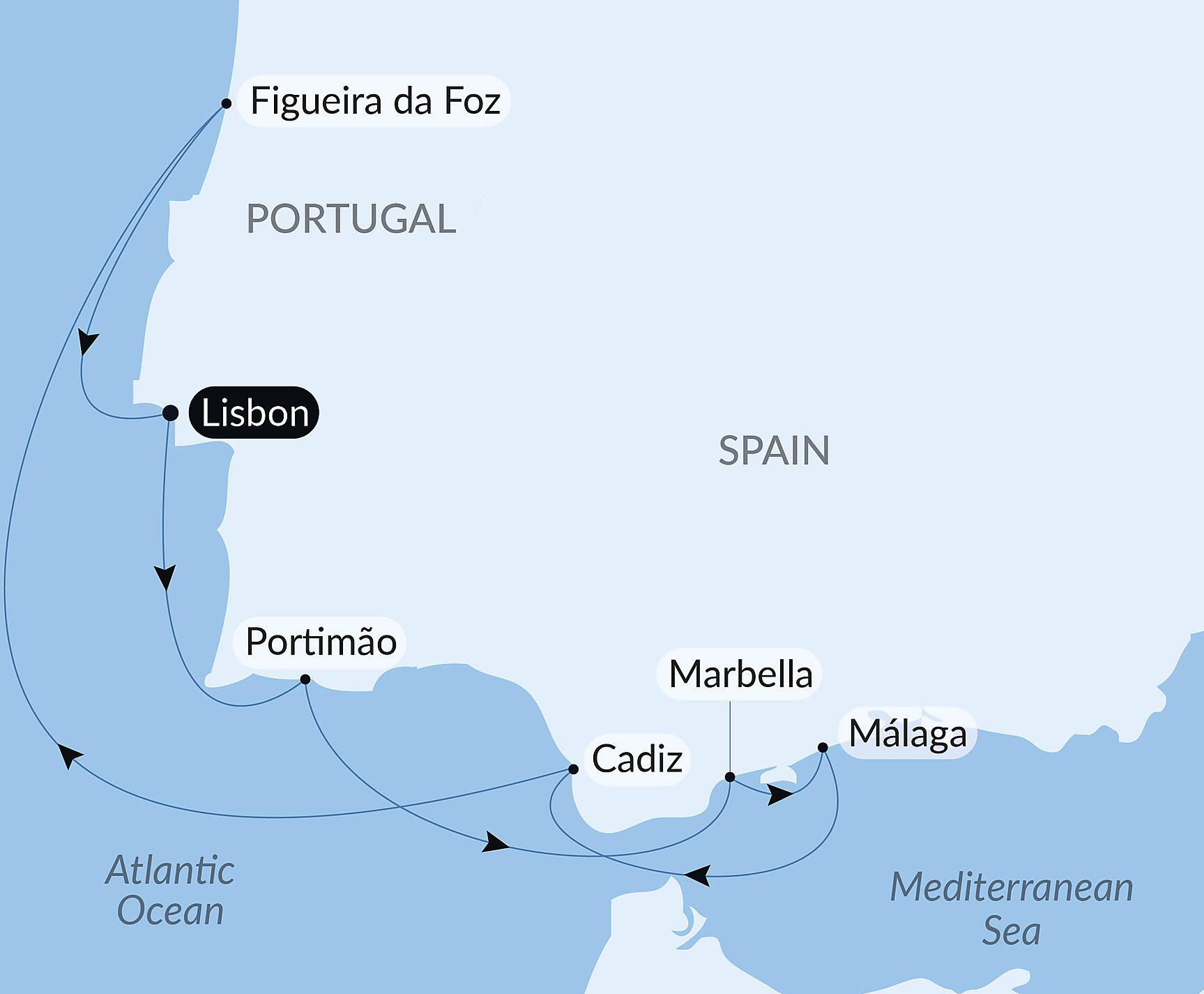 Official PONANT route map for A Solar Eclipse at Sea: Voyage Along the Iberian Peninsula – with Smithsonian Journeys aboard Le Boréal, Voyage BO300727
