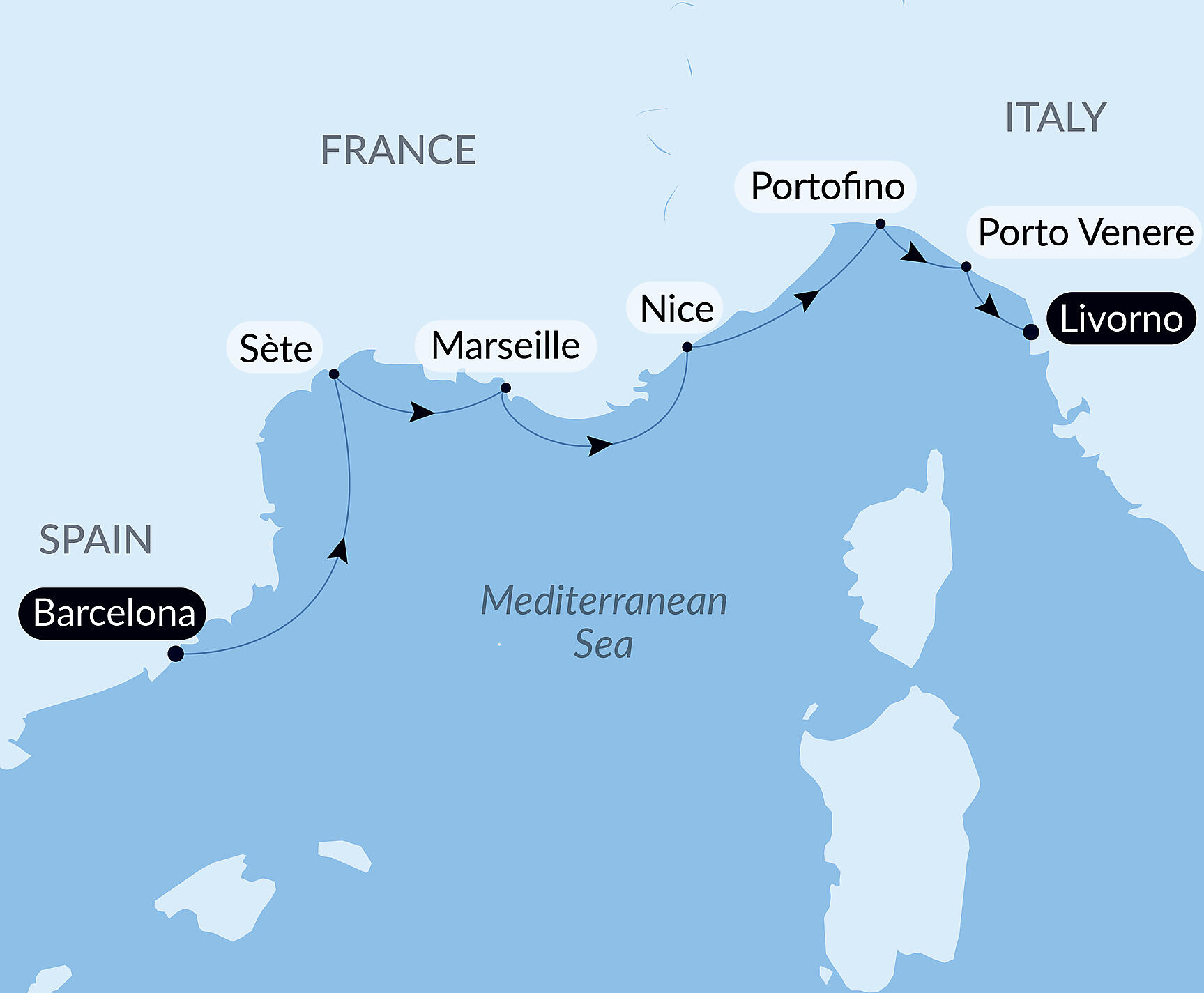 Official PONANT route map for Southern France and the Italian Riviera by Sea – with Smithsonian Journeys aboard Le Boréal, Voyage BO010927