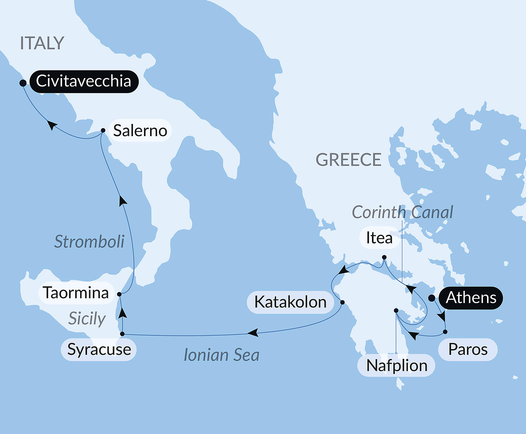 Official PONANT route map for Tribute to Maria Callas aboard Le Lapérouse, Voyage ER290927