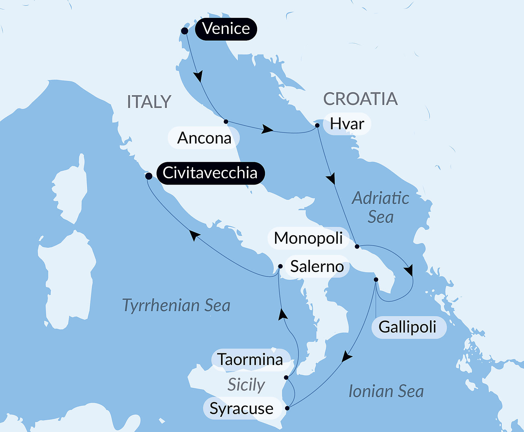 Official PONANT route map for Legendary shores of Italy and Croatia aboard Le Boréal, Voyage BO200527