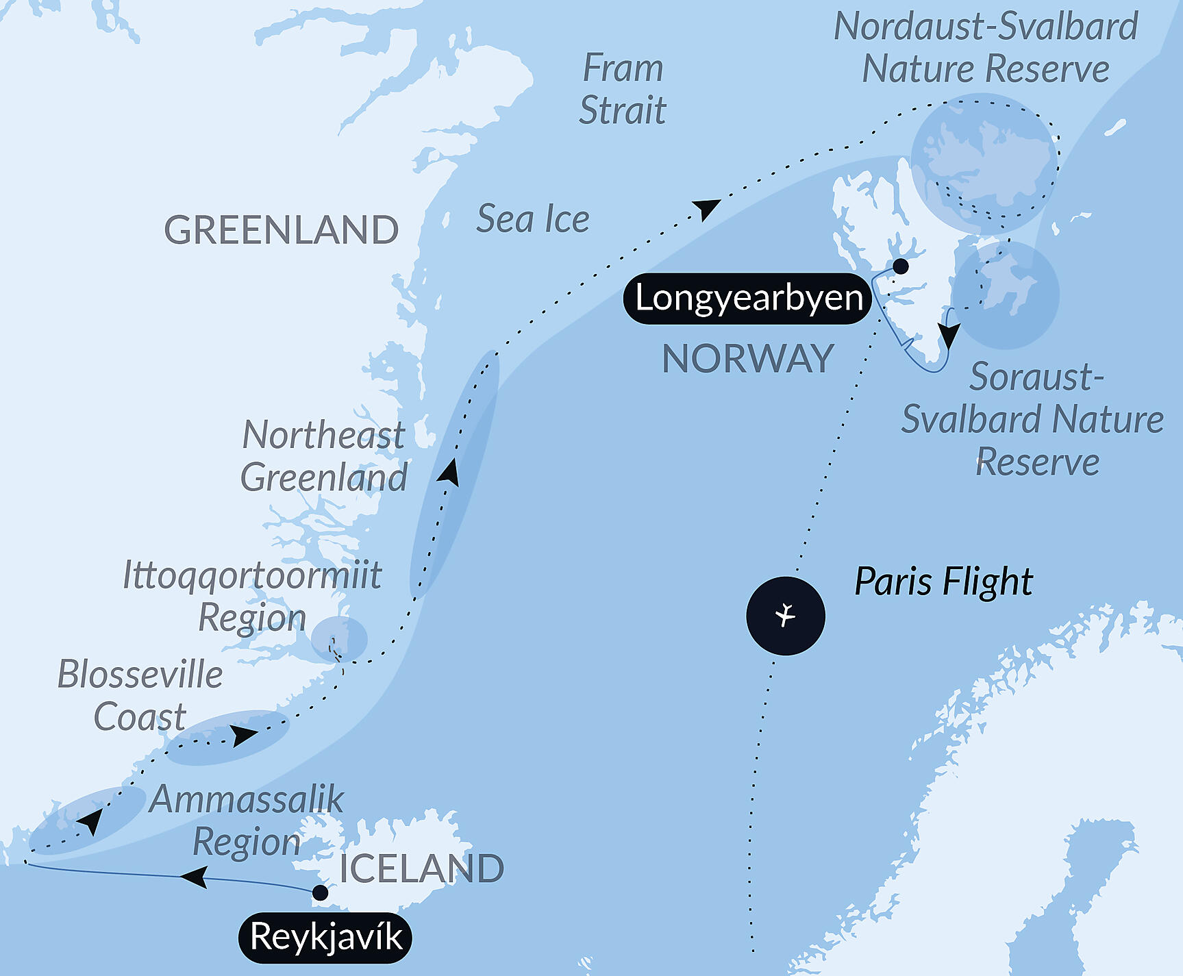 Official PONANT route map for In the ice of the Arctic, from Greenland to Svalbard aboard Le Commandant Charcot, Voyage CC080627