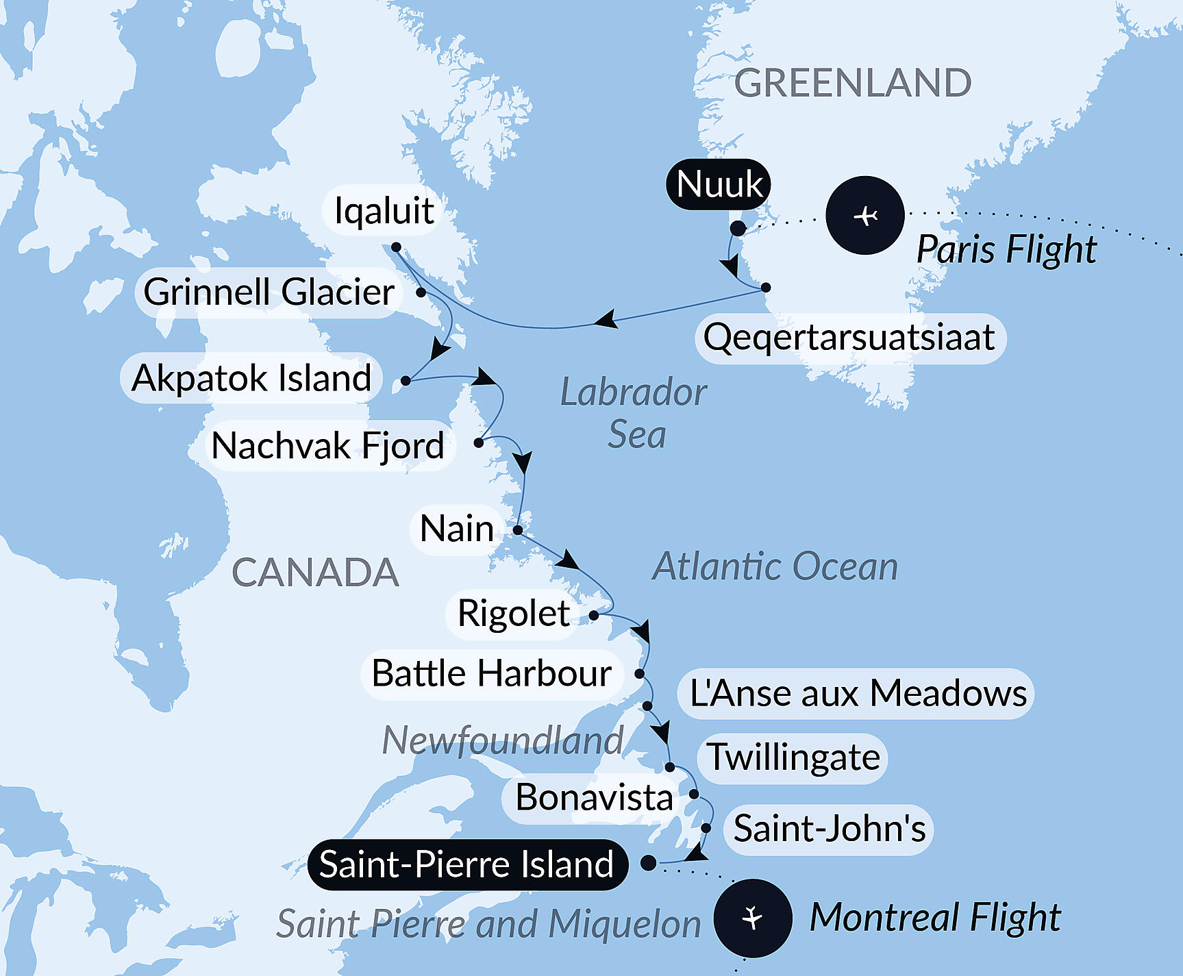 Official PONANT route map for Wilderness from Greenland to the East Coast of Canada aboard Le Lyrial, Voyage LY090927