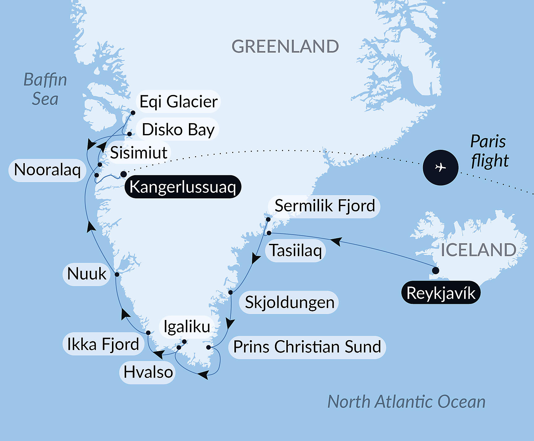 Official PONANT route map for Expedition to the edge of the Ice Sheet aboard L'Austral, Voyage AU300727