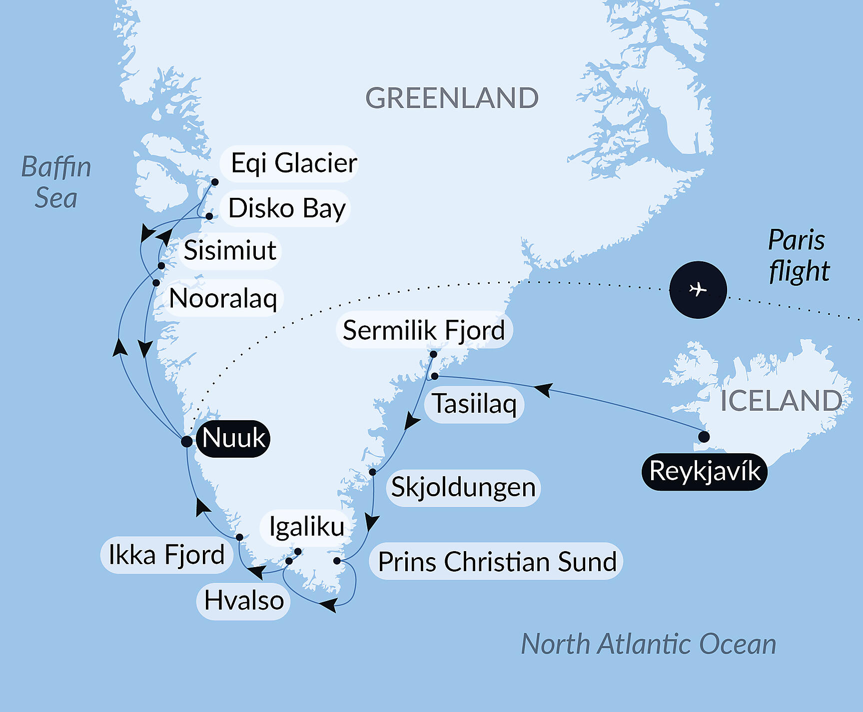 Official PONANT route map for Expedition to the edge of the Ice Sheet aboard Le Lyrial, Voyage LY200827