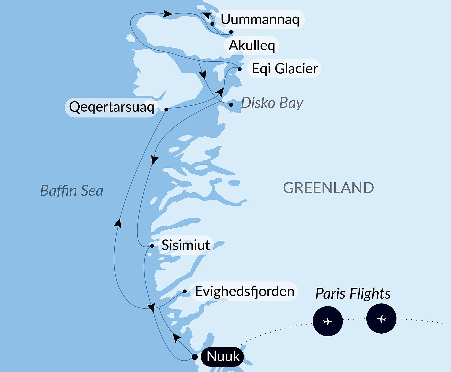 Official PONANT route map for Disko Bay and Inuit villages aboard Le Lyrial, Voyage LY020927