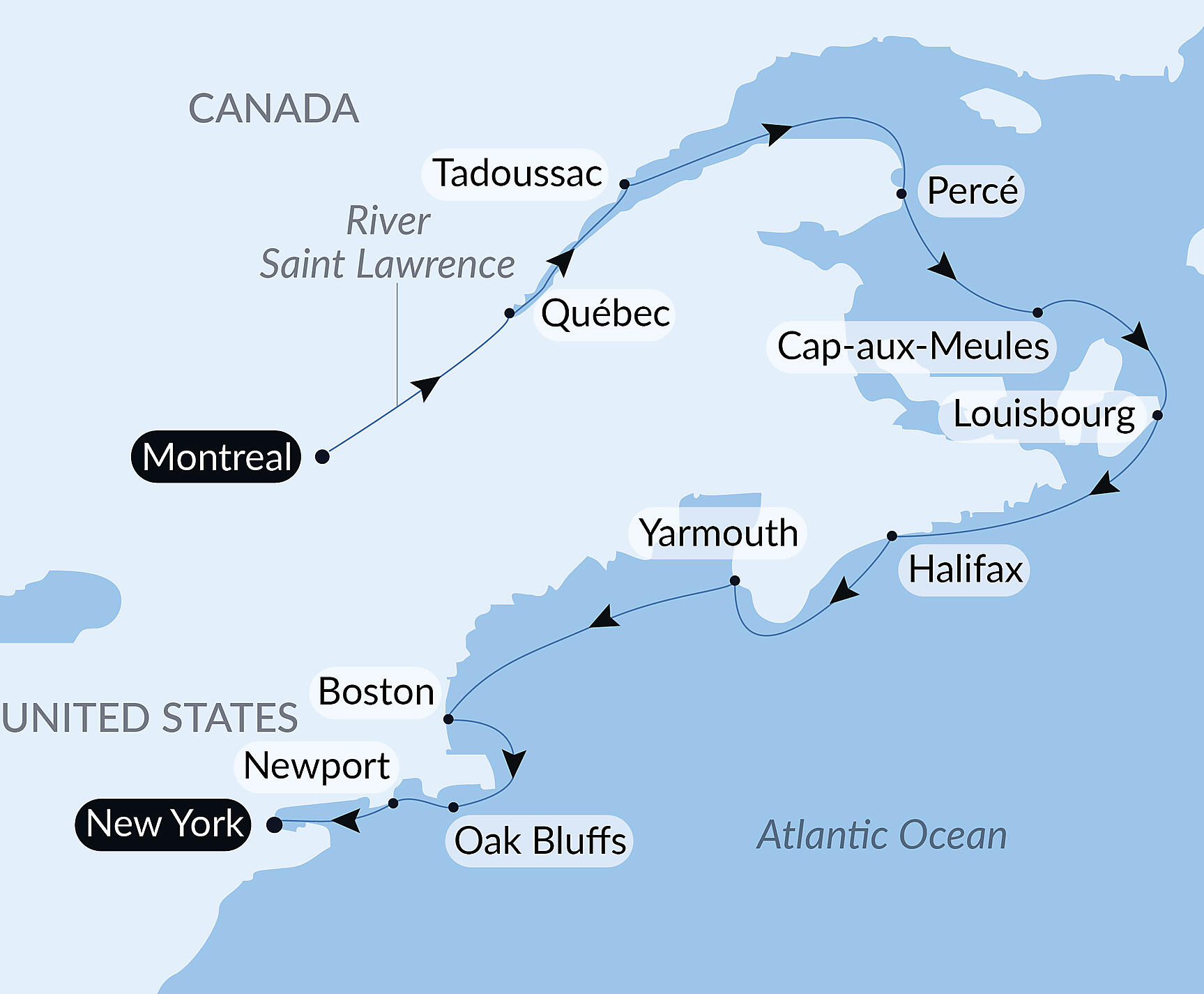 Official PONANT route map for From Québec to the Big Apple: nature & remarkable cities aboard Le Lyrial, Voyage LY041027