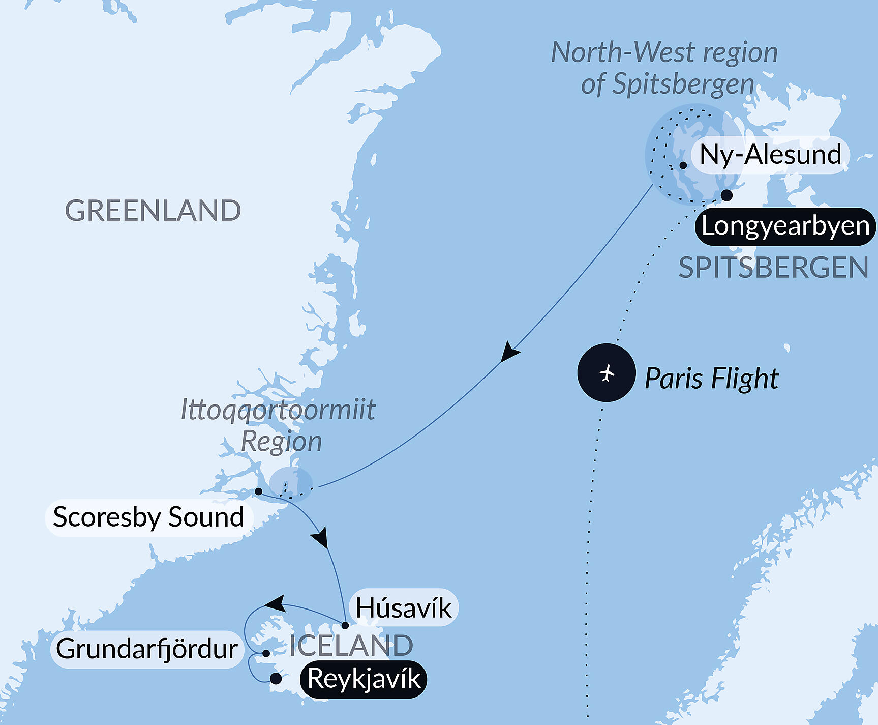 Official PONANT route map for From Svalbard to Iceland: A Polar Odyssey aboard Le Lyrial, Voyage LY070827