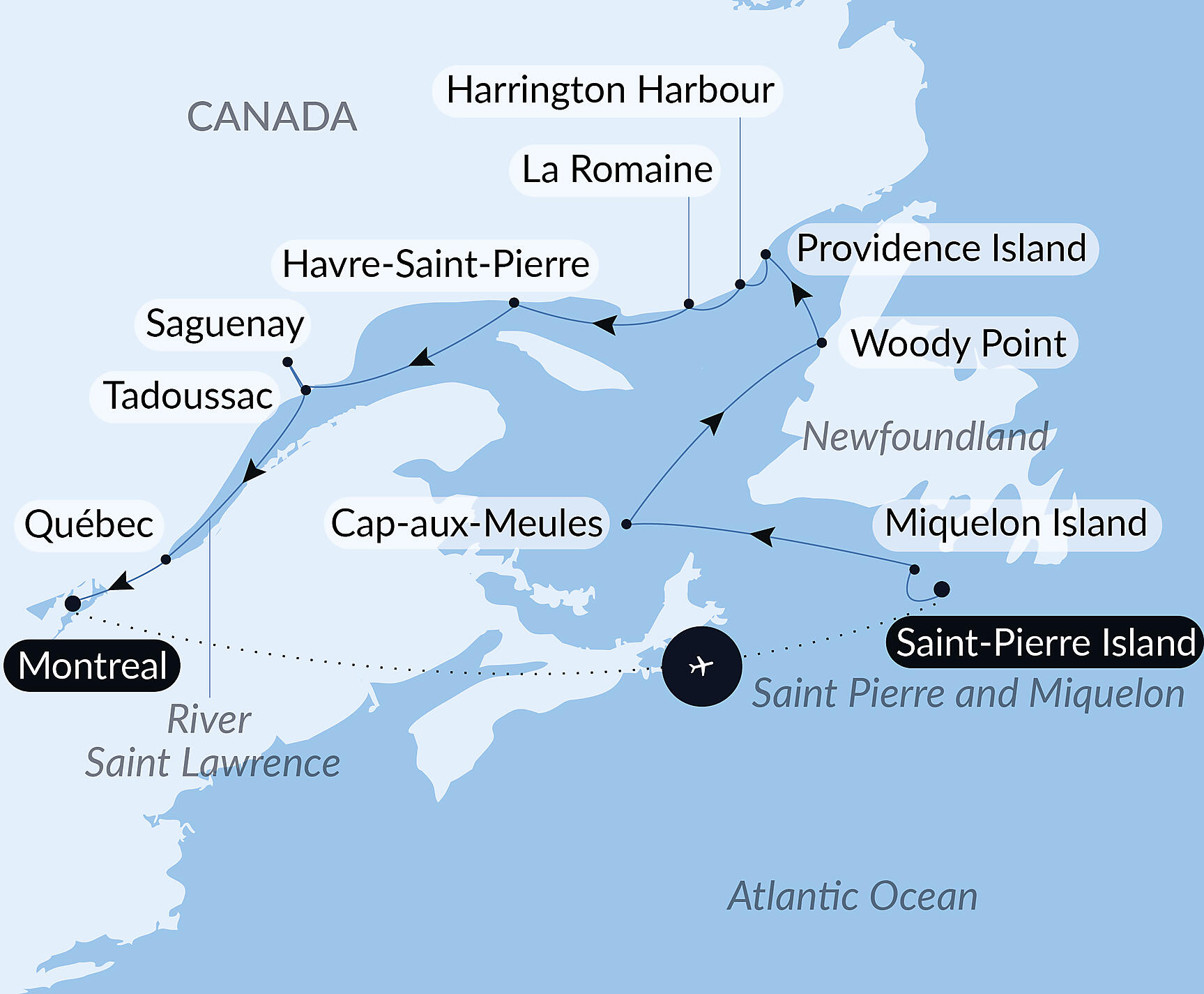 Official PONANT route map for Exploration along Saint Lawrence aboard Le Lyrial, Voyage LY230927