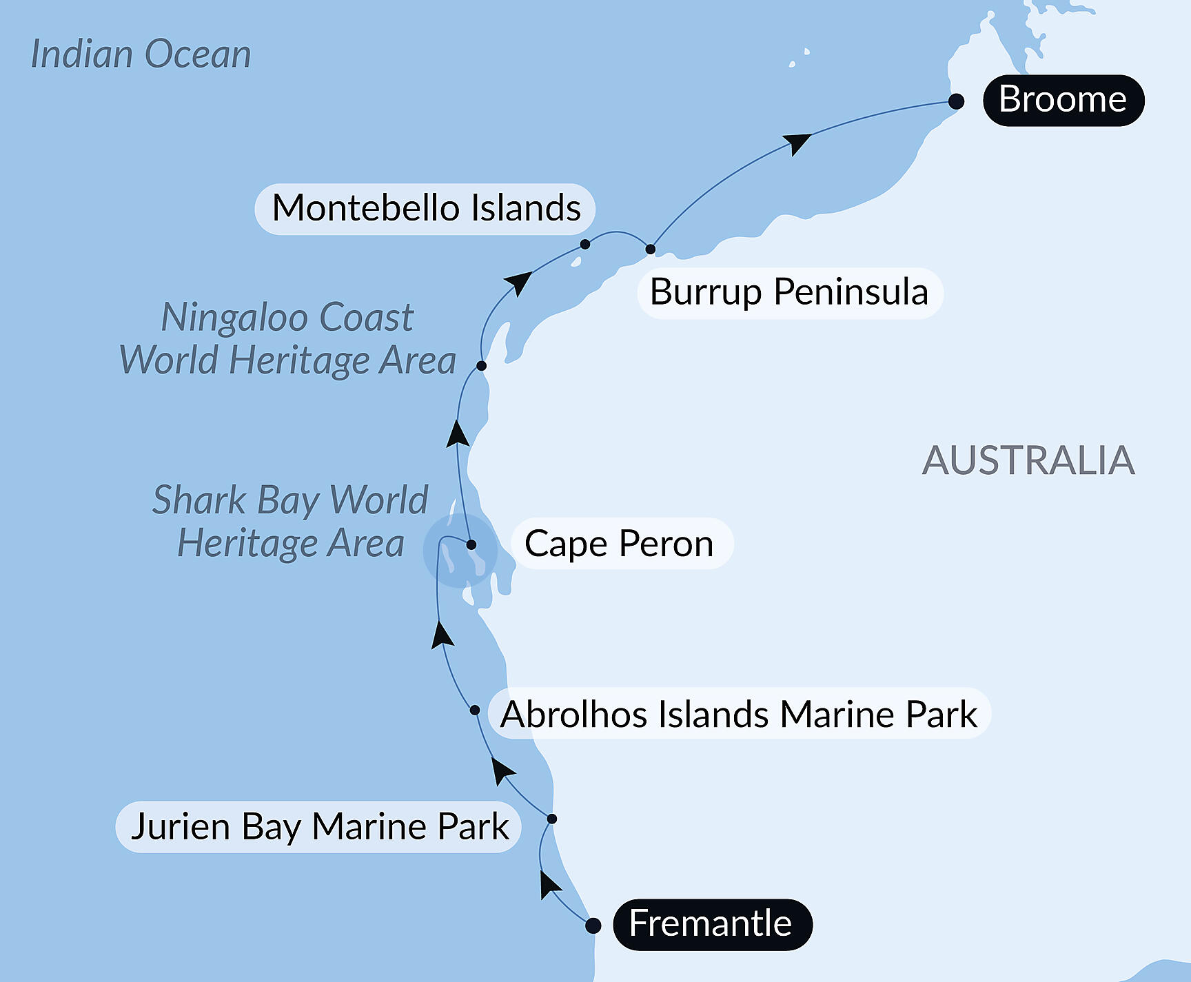 Official PONANT route map for Australia’s West Coast Odyssey aboard Le Soléal, Voyage SO080826