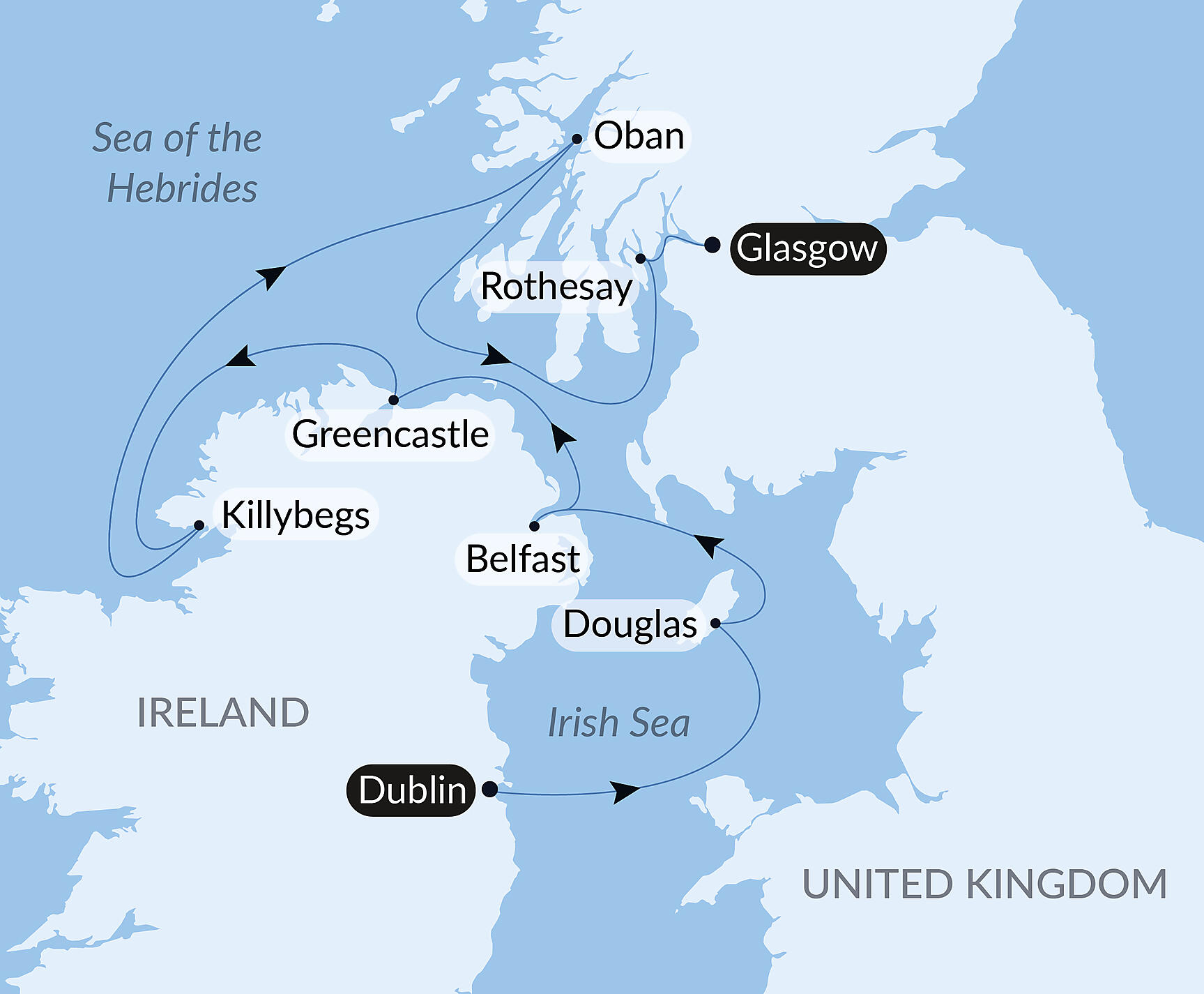 Official PONANT route map for From Ireland to Scotland: A Journey through Celtic Lands aboard L'Austral, Voyage AU010627