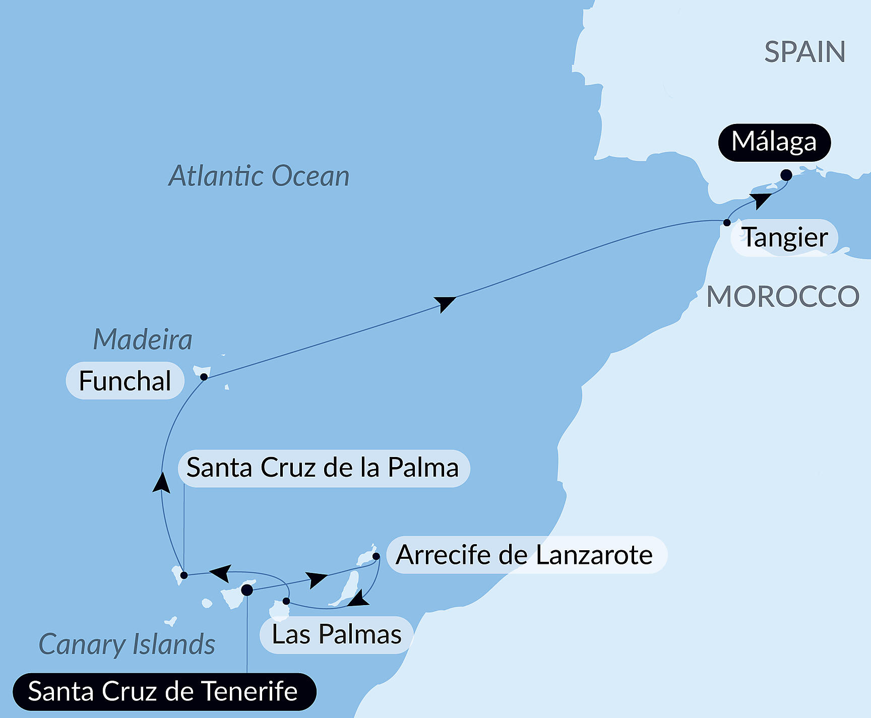Official PONANT route map for Rhythms of Spain: From the Canaries to Málaga aboard L'Austral, Voyage AU080427