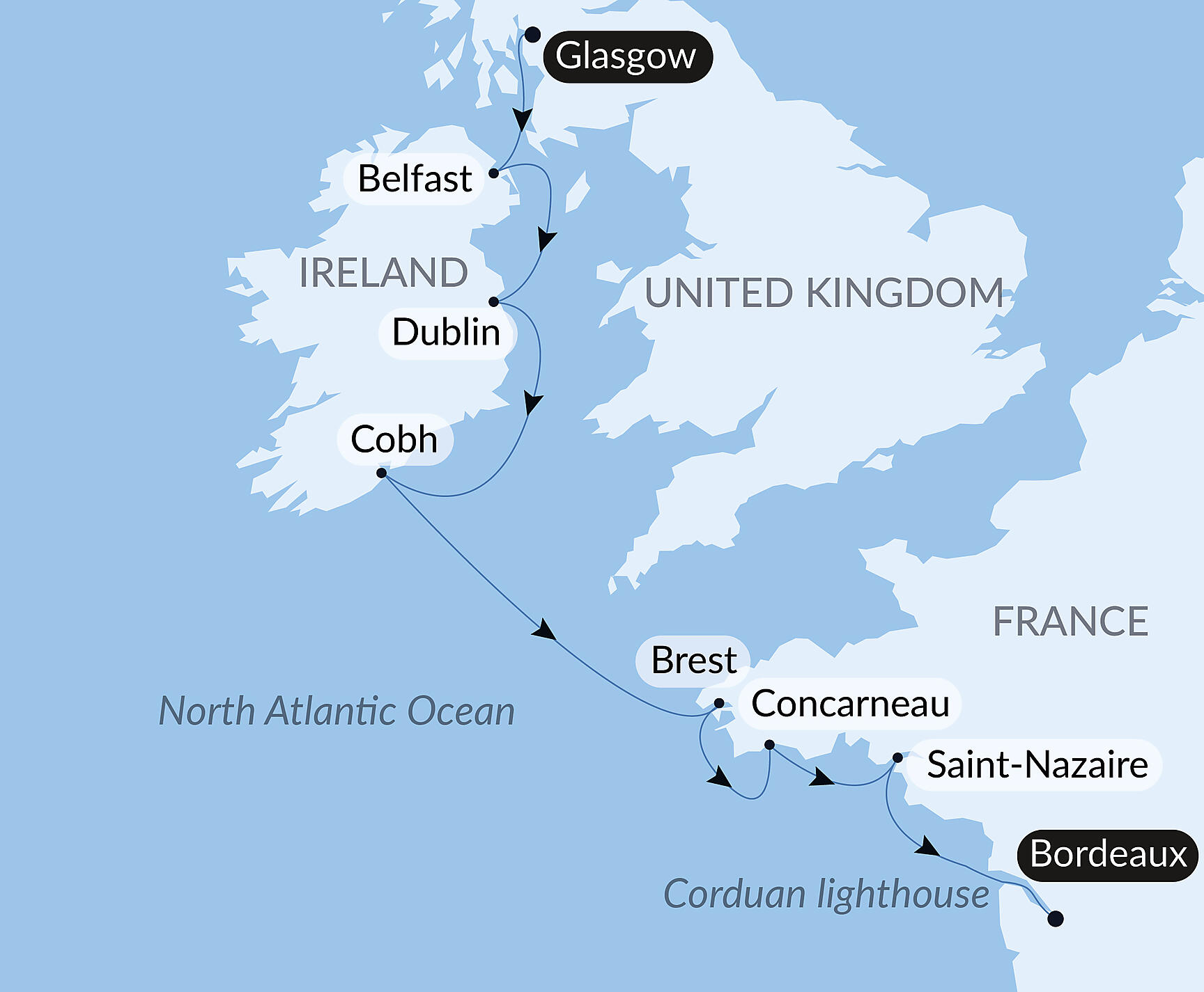 Official PONANT route map for From Celtic Shores to the Bay of Biscay aboard Le Champlain, Voyage EC011027
