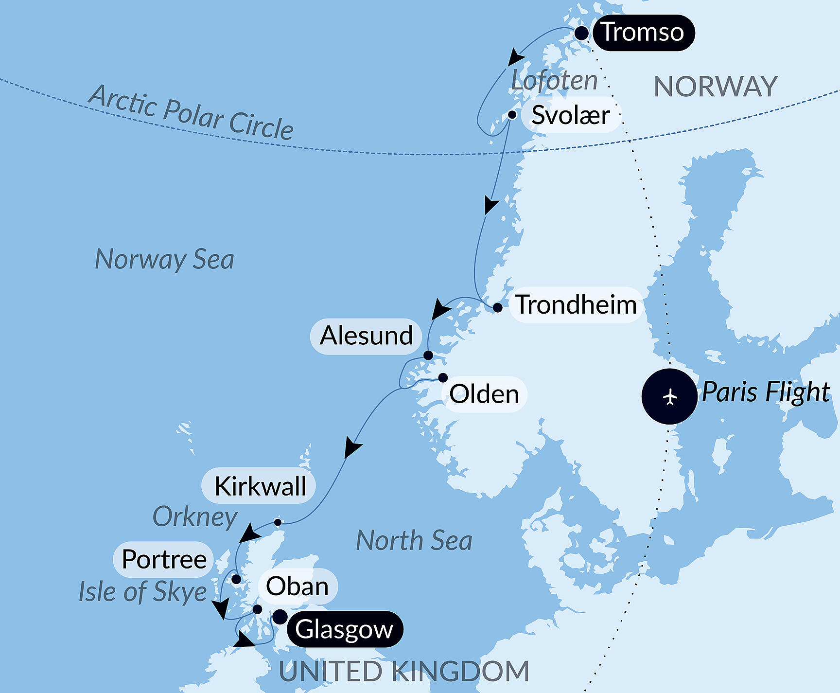 Official PONANT route map for From the Arctic Circle to the Scottish Isles aboard Le Champlain, Voyage EC030427