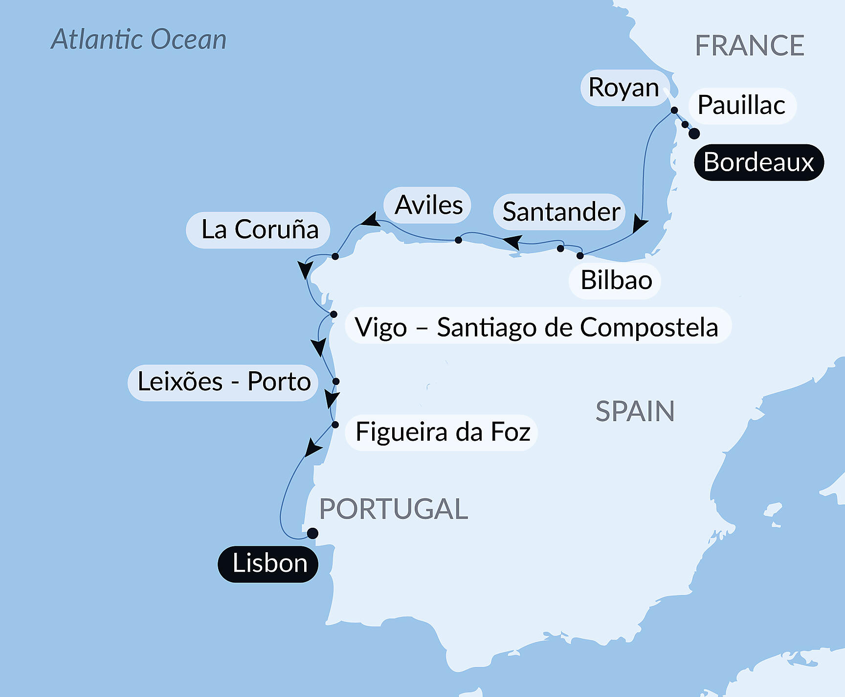 Official PONANT route map for Bay of Biscay & Iberian Peninsula aboard Le Champlain, Voyage EC091027