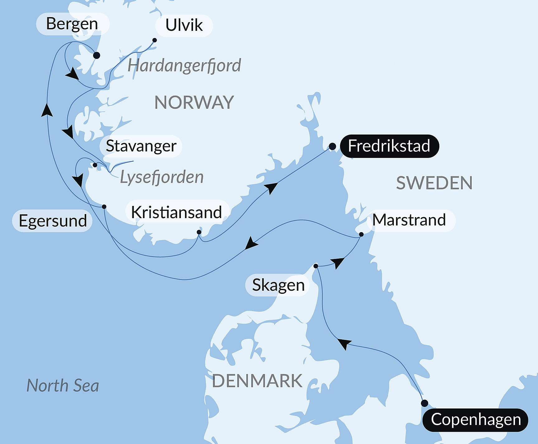 Official PONANT route map for Secret Scandinavia aboard Le Champlain, Voyage EC120827
