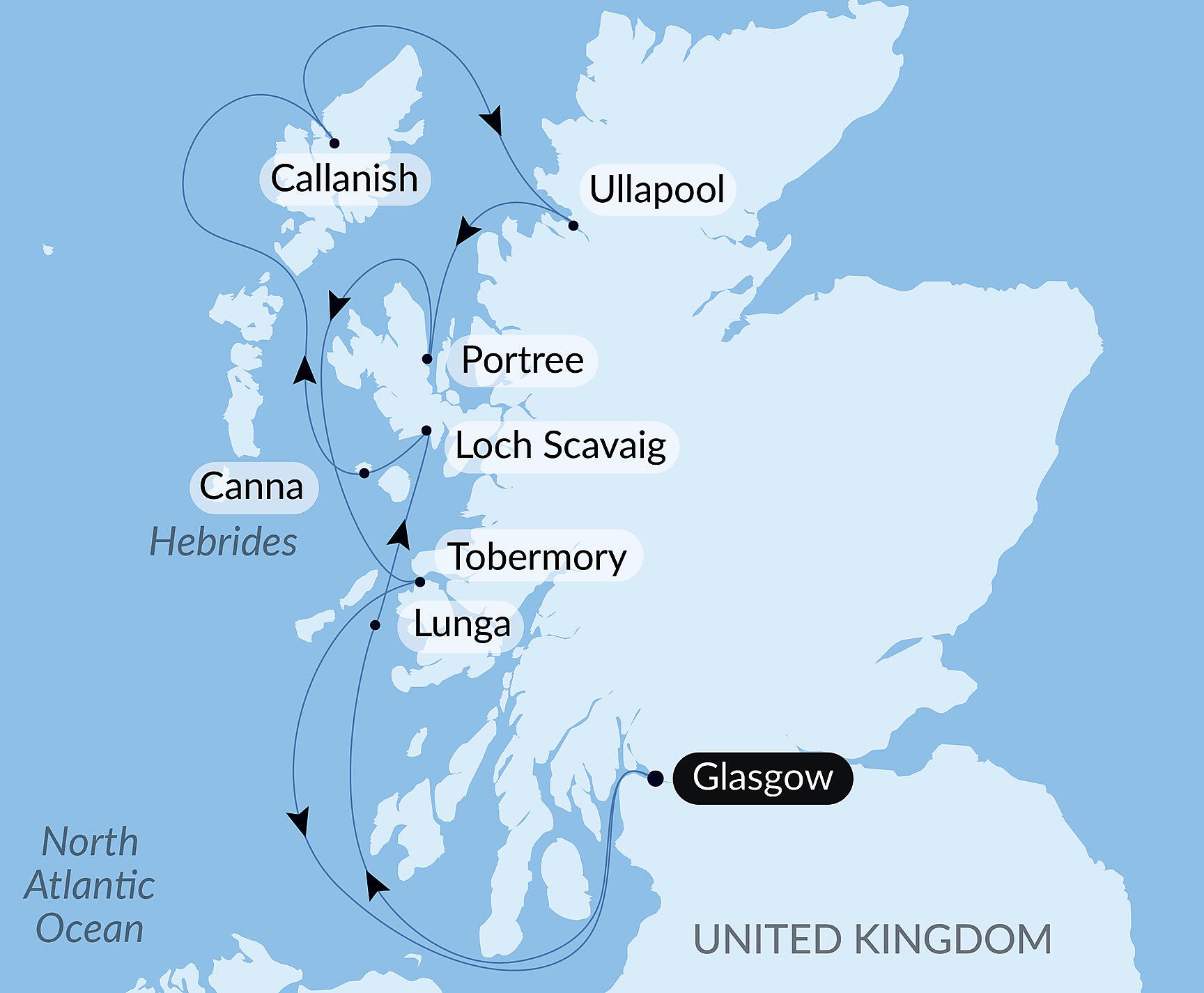 Official PONANT route map for Mythical islands and wild landscapes of the Hebrides aboard Le Champlain, Voyage EC130427