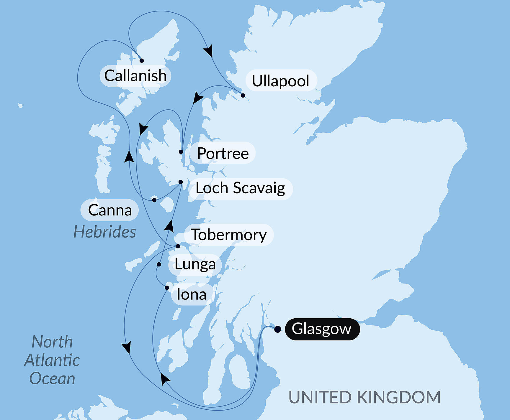 Official PONANT route map for Mythical islands and wild landscapes of the Hebrides aboard Le Champlain, Voyage EC200427