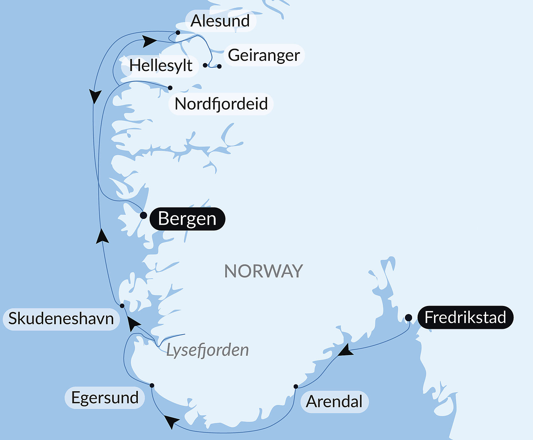 Official PONANT route map for Norwegian fjords aboard Le Champlain, Voyage EC120727