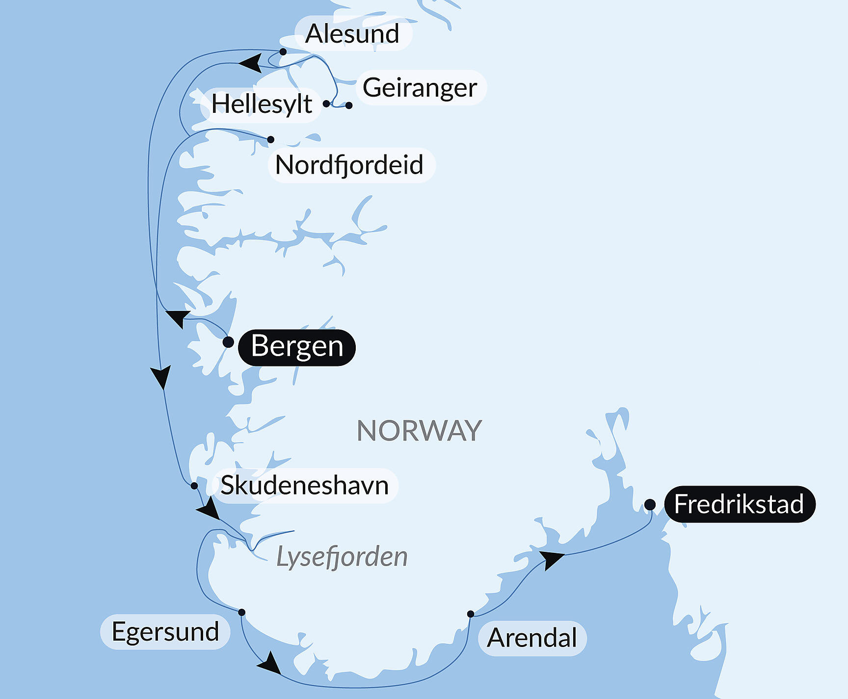 Official PONANT route map for Gastronomic Journey Through Norwegian Fjords aboard Le Champlain, Voyage EC050727
