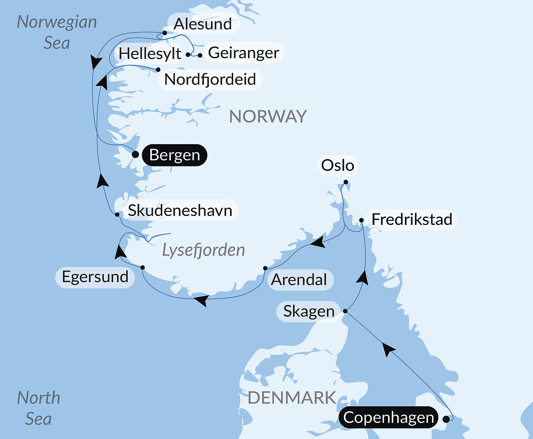 Official PONANT route map for Scandinavian cities and Norwegian fjords aboard Le Champlain, Voyage EC250627