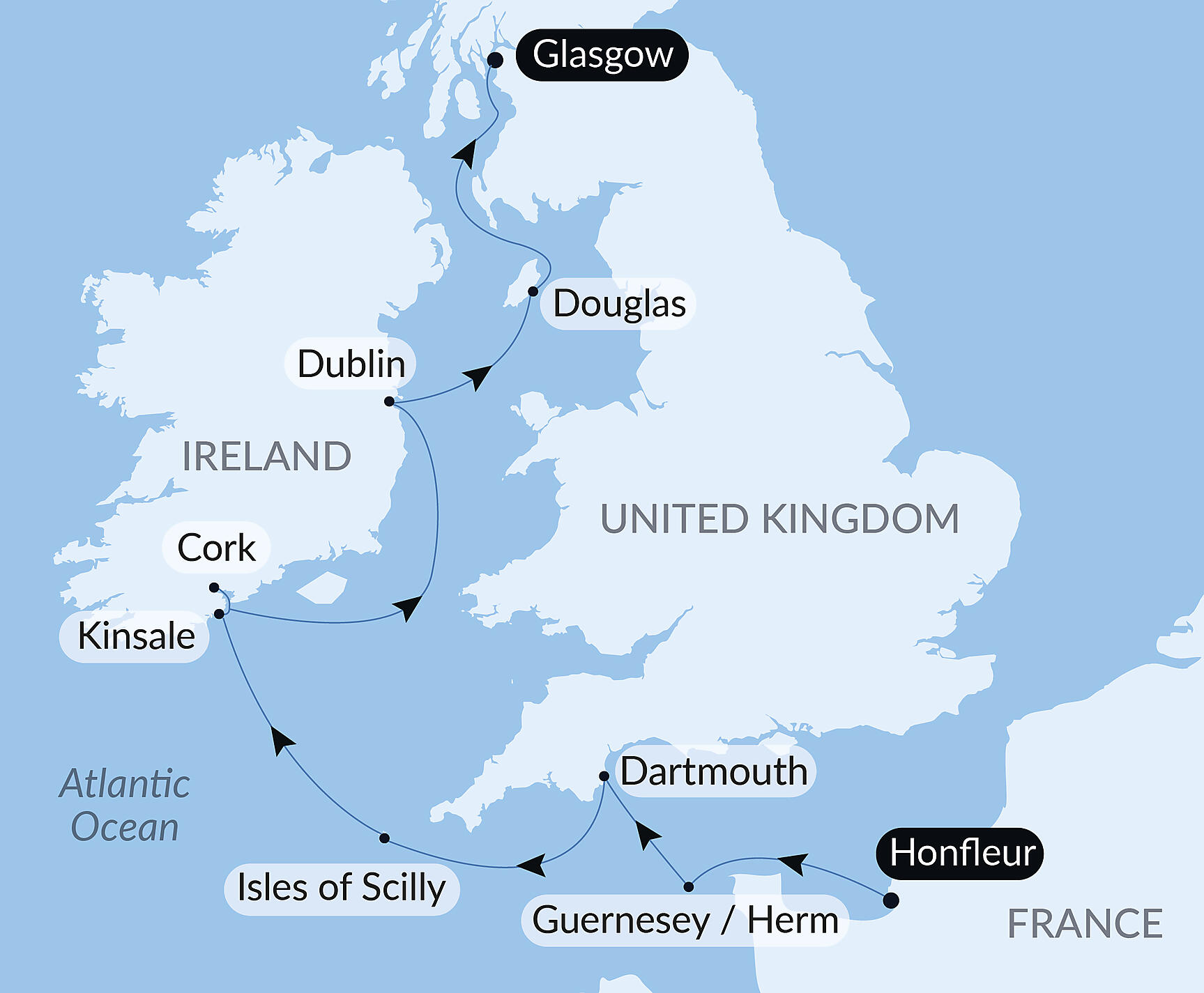 Official PONANT route map for British archipelagos and Celtic shores aboard Le Lyrial, Voyage LY040527