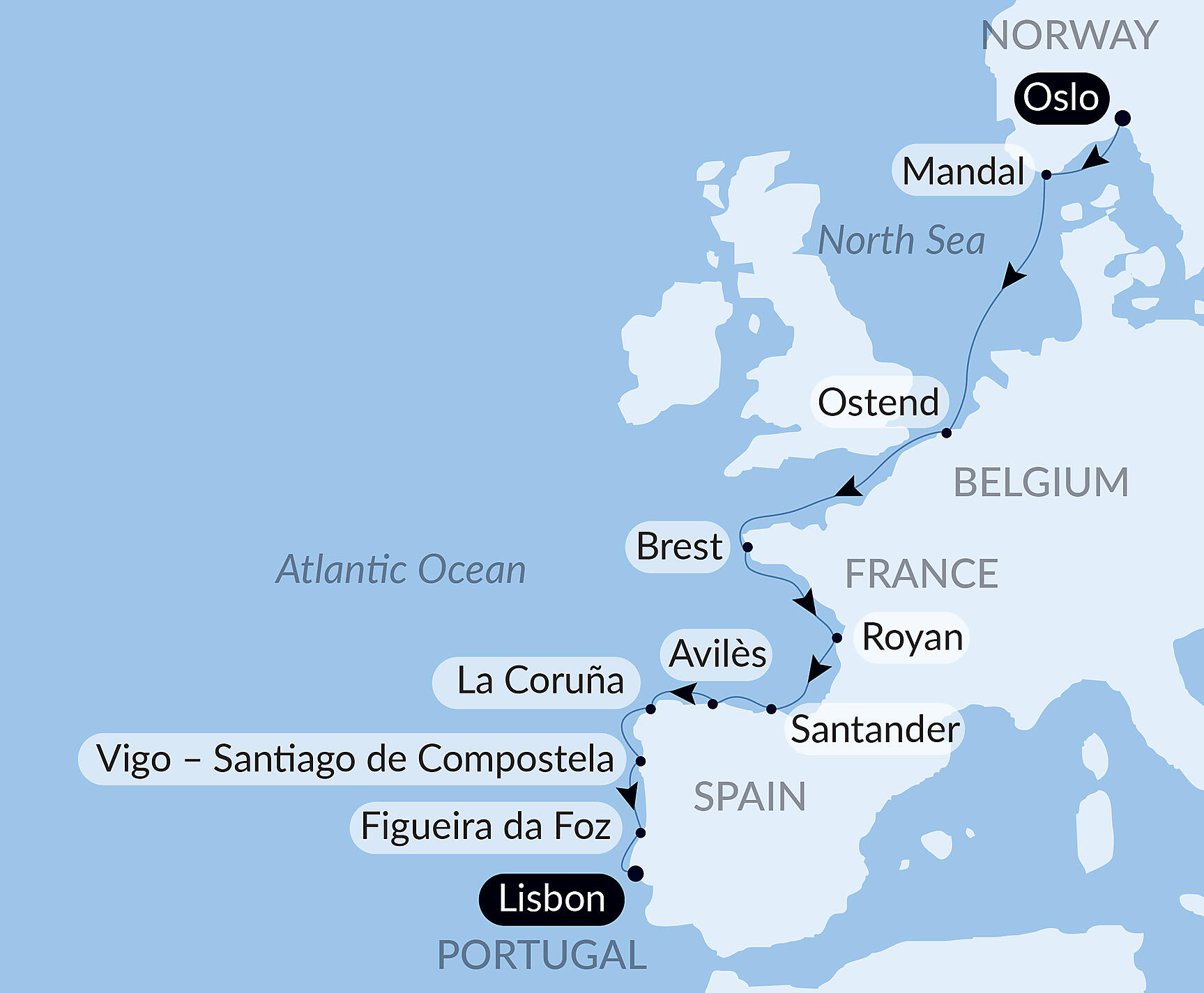 Official PONANT route map for Summer Escapes: From the North Sea to the Iberian Peninsula aboard Le Lapérouse, Voyage ER190727