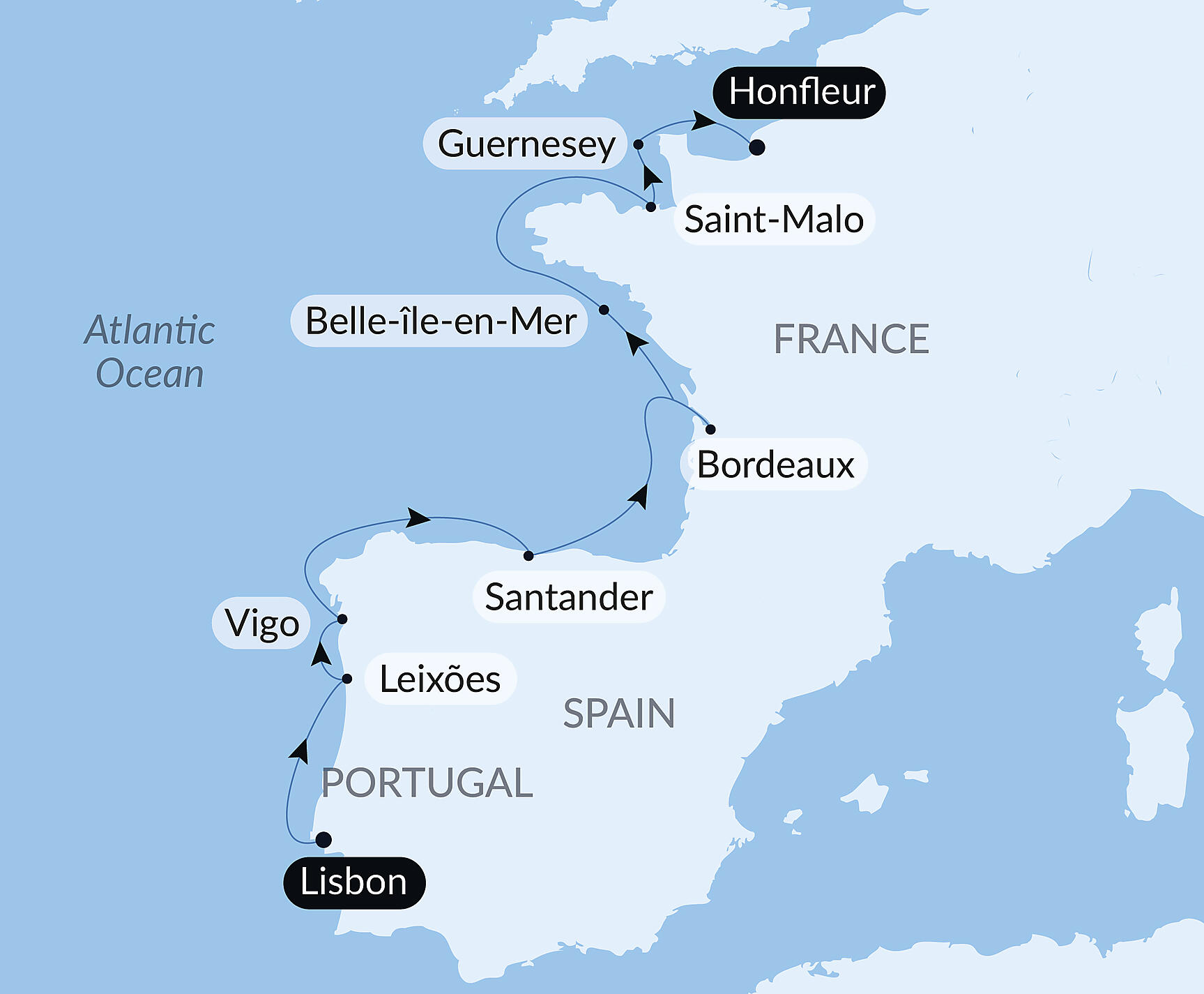 Official PONANT route map for The Iberian Peninsula and Fortified cities of the Atlantic aboard Le Lapérouse, Voyage ER220427