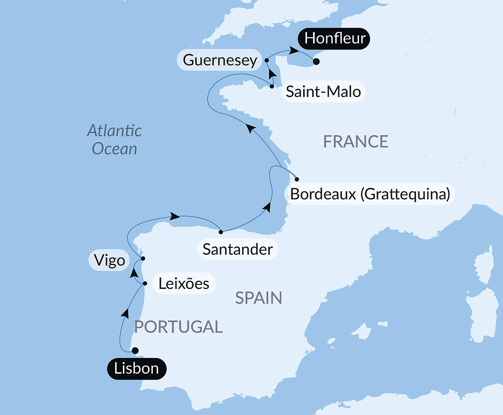 Official PONANT route map for The Iberian Peninsula and Fortified cities of the Atlantic aboard Le Lyrial, Voyage LY240427