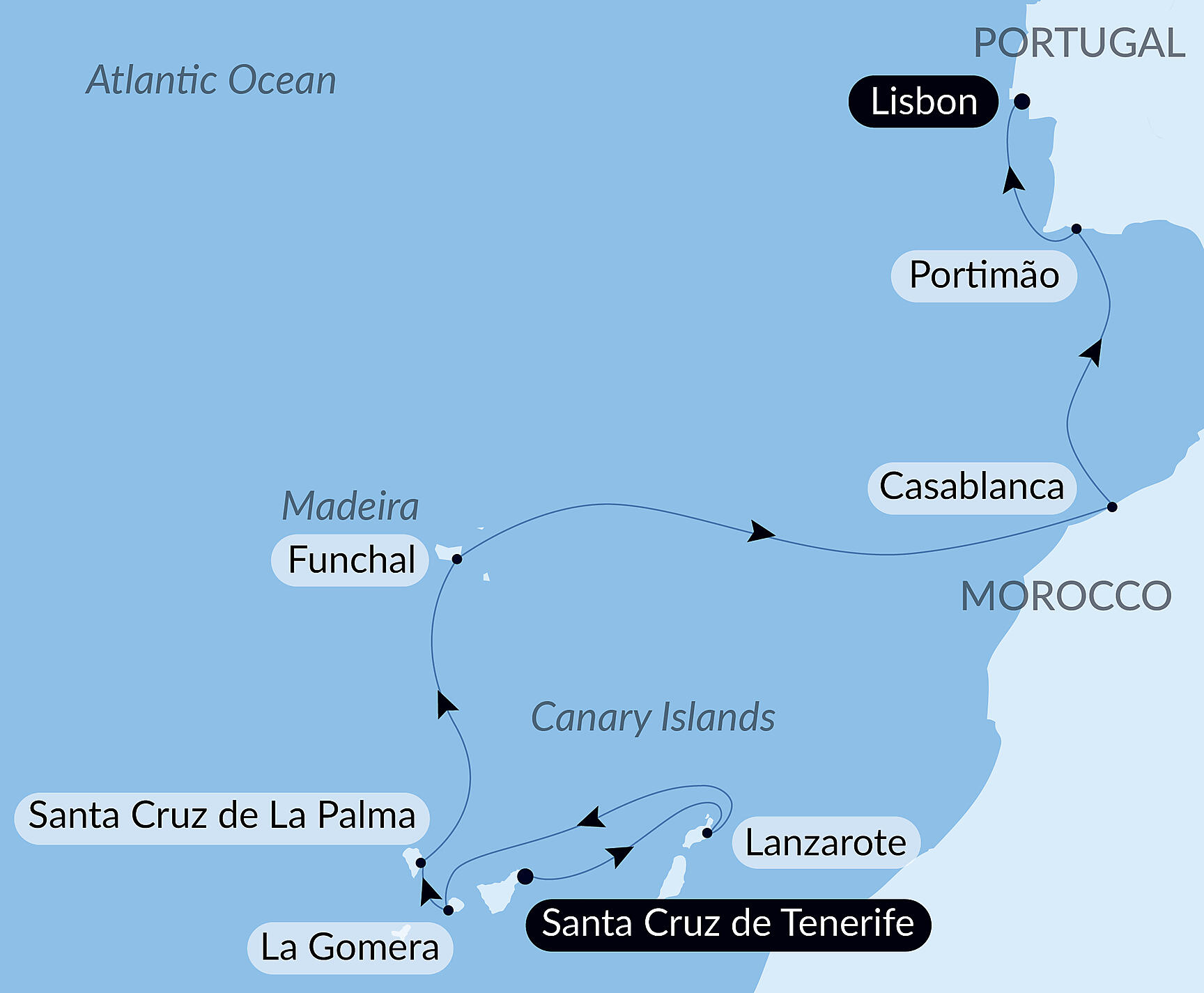 Official PONANT route map for Volcanic islands and historic cities of the North Atlantic aboard Le Lapérouse, Voyage ER130427