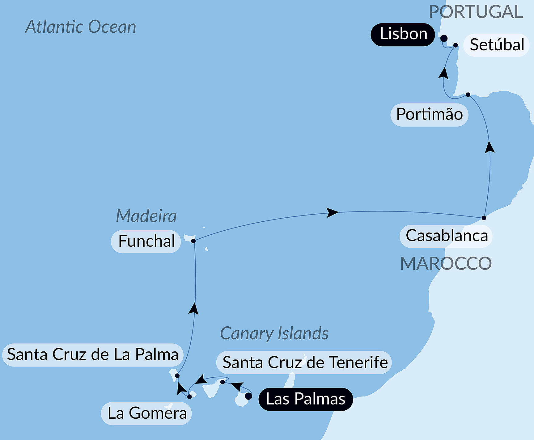 Official PONANT route map for Volcanic islands and historic cities of the North Atlantic aboard Le Lyrial, Voyage LY140427