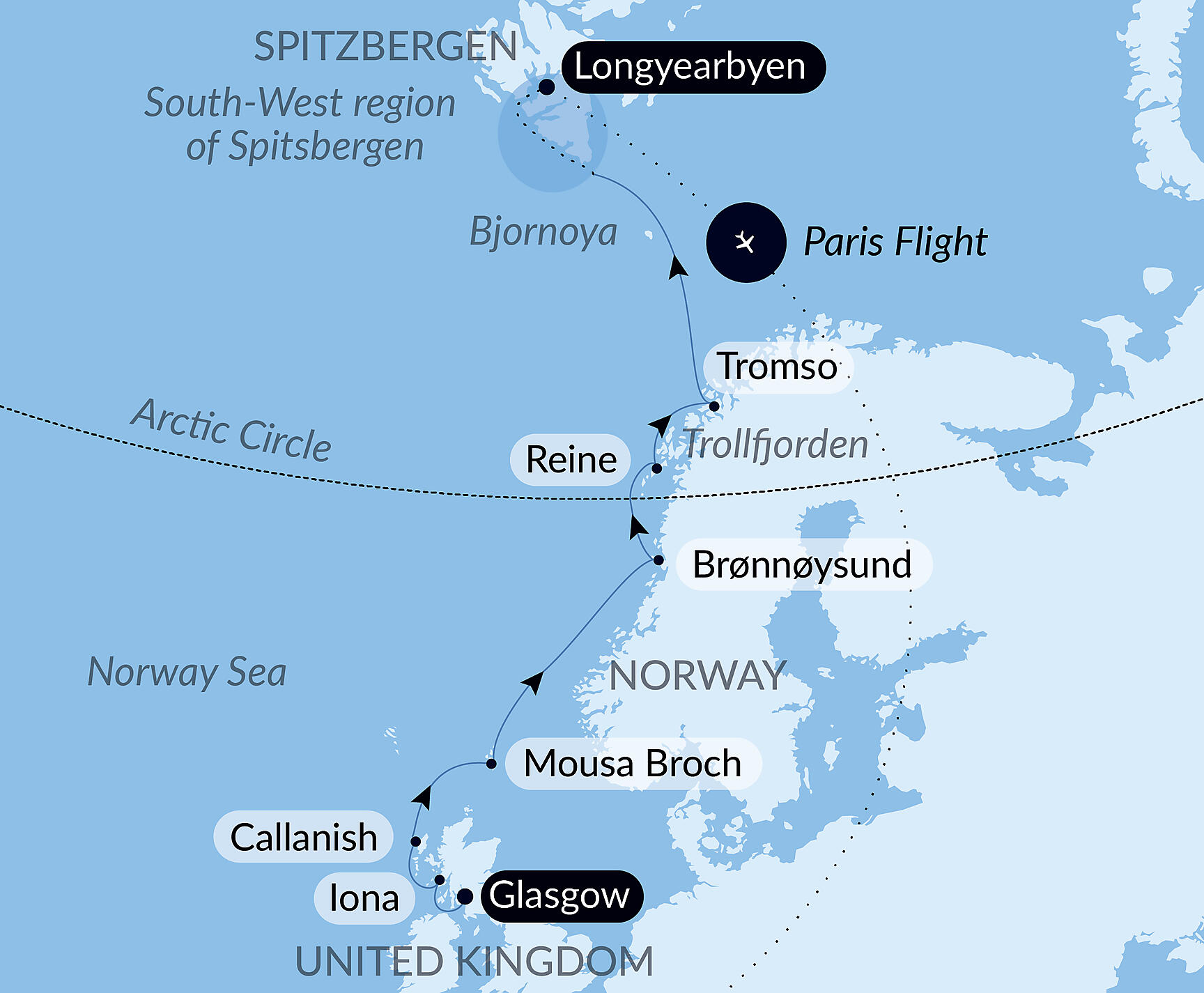 Official PONANT route map for From Scotland to Spitsbergen aboard Le Lyrial, Voyage LY300527
