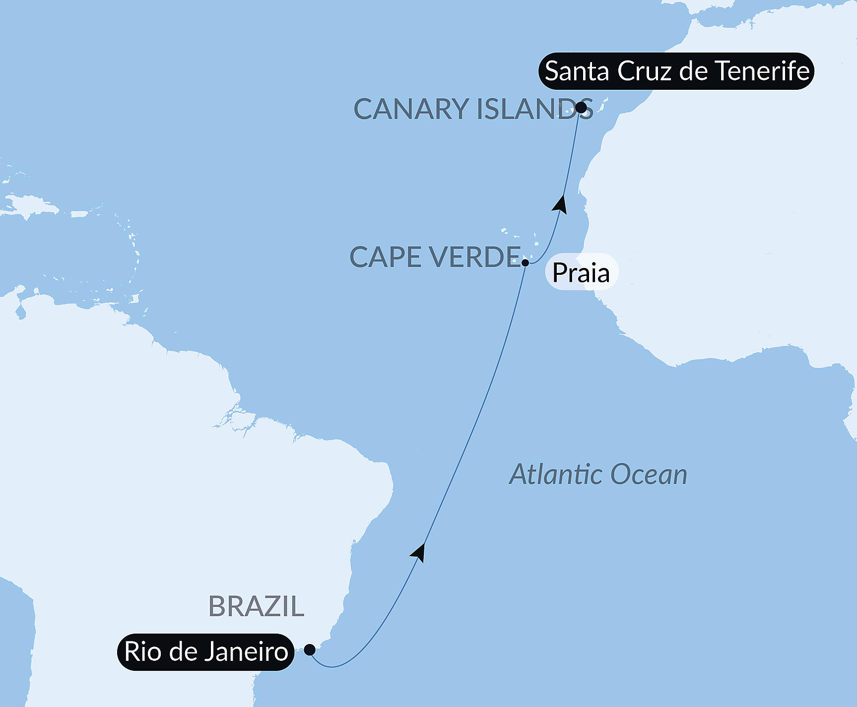 Official PONANT route map for Ocean Voyage: Rio de Janeiro-Santa Cruz de Tenerife aboard L'Austral, Voyage AU260327