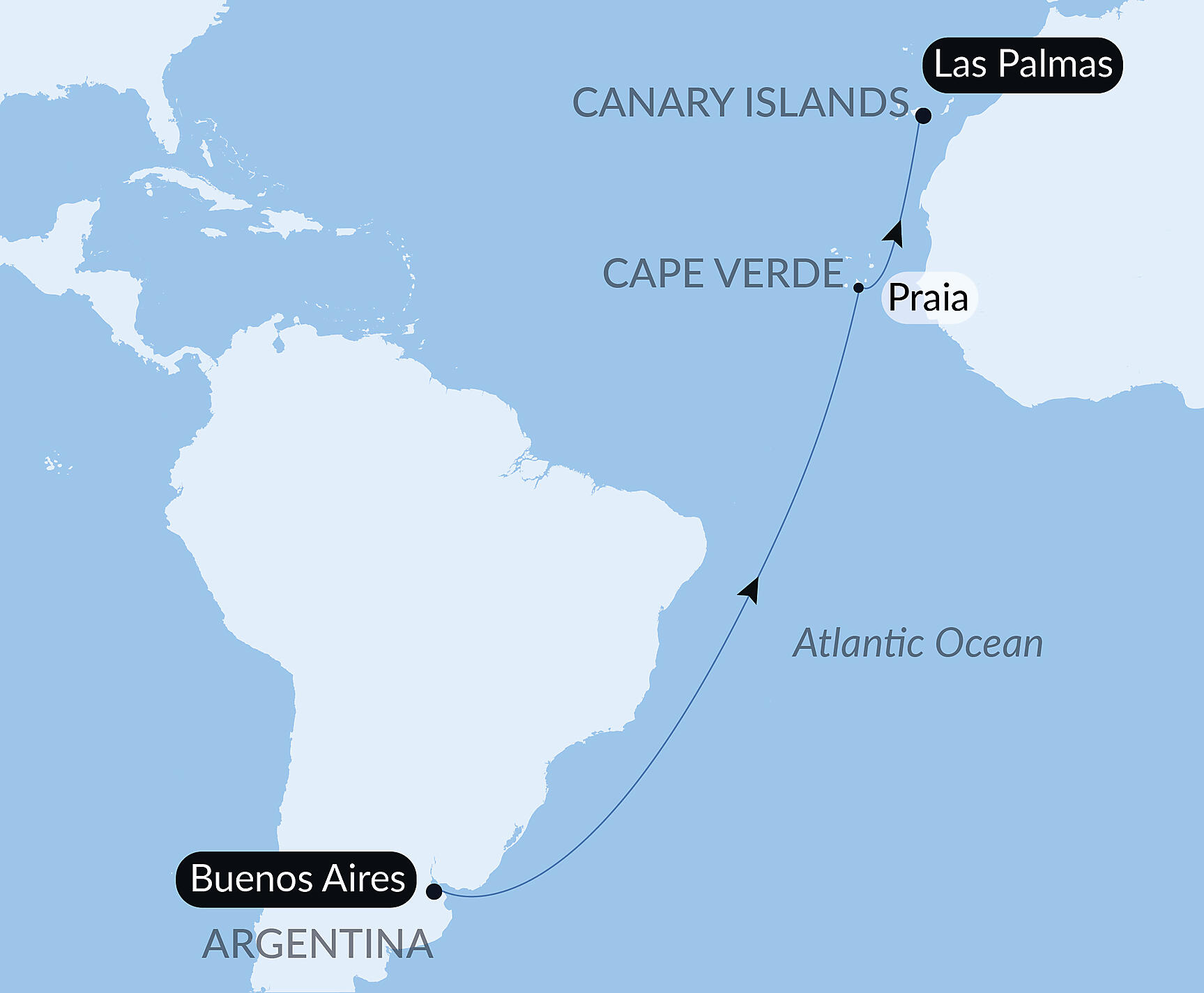 Official PONANT route map for Ocean Voyage: Buenos Aires - Las Palmas de Gran Canaria aboard Le Lyrial, Voyage LY280327